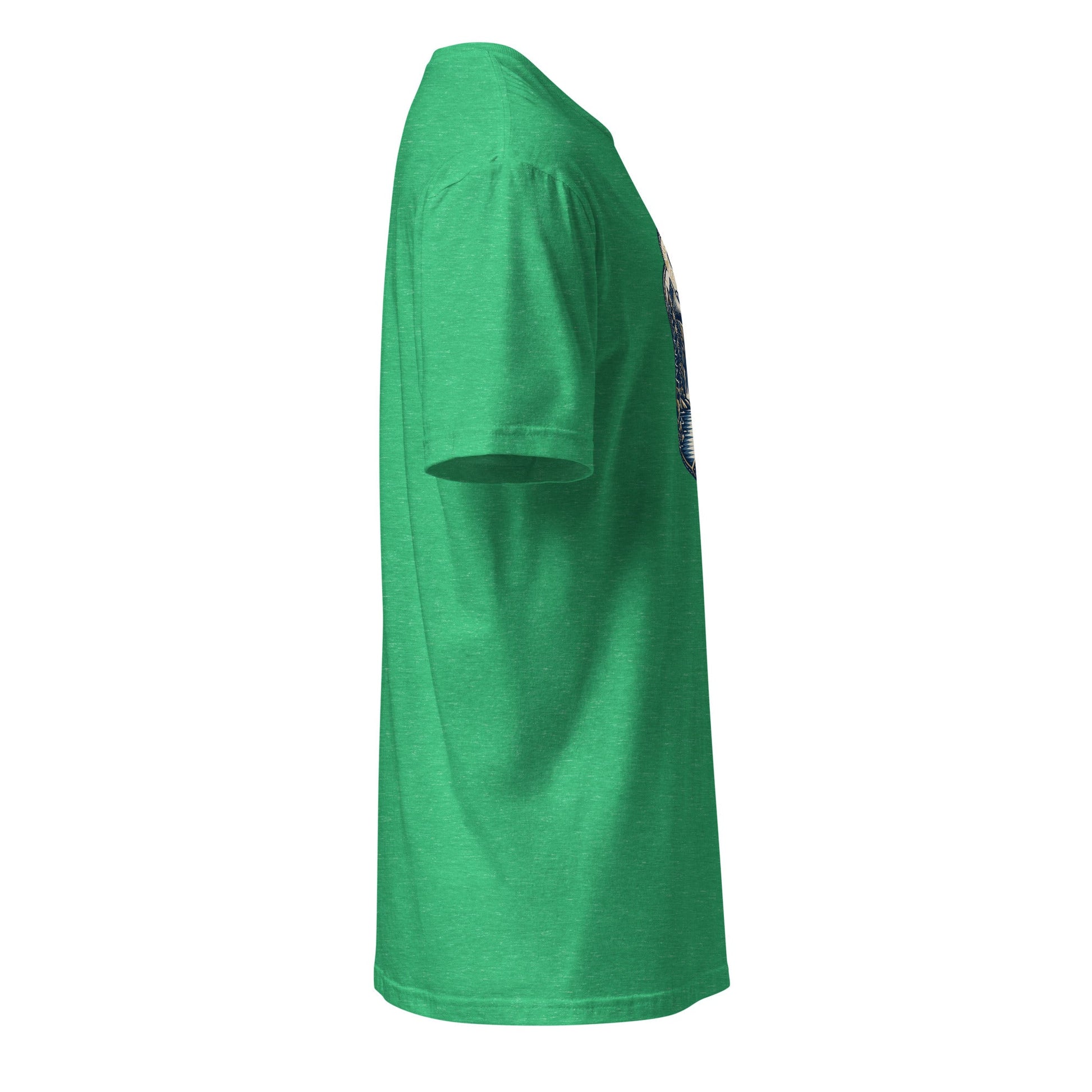 Green crewneck short-sleeve graphic tee, side view
