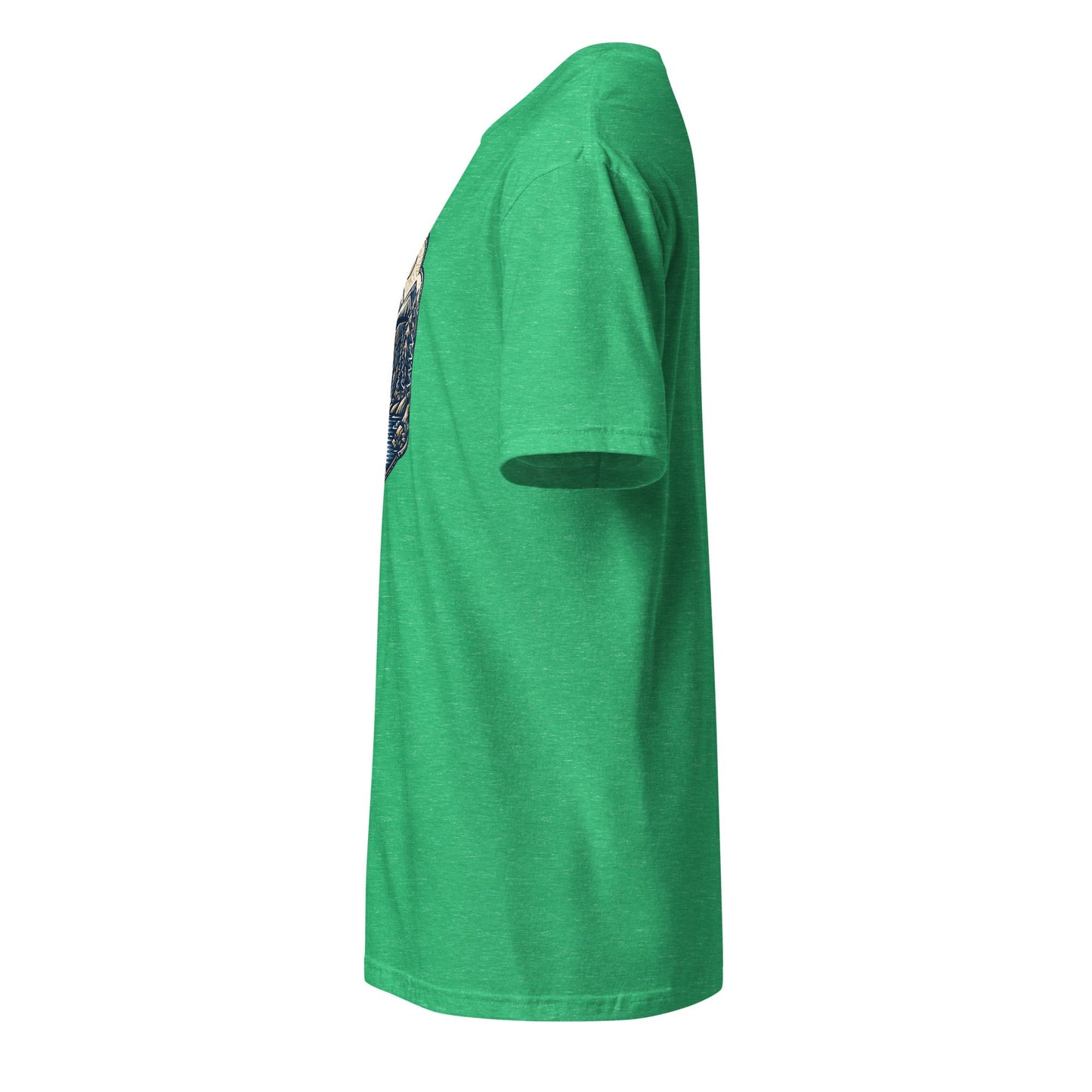 Green graphic tee, side view