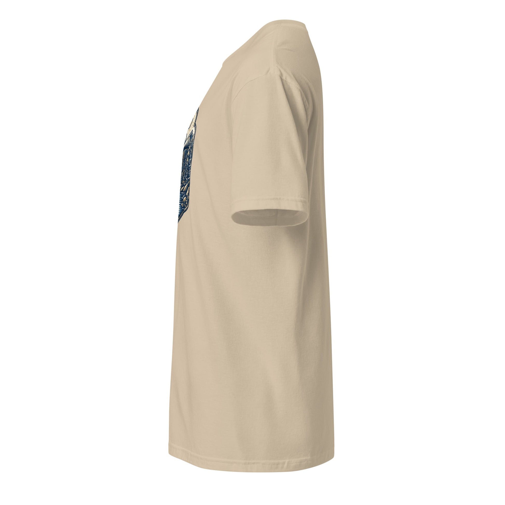 Sand beige crewneck short-sleeve graphic tee, side view
