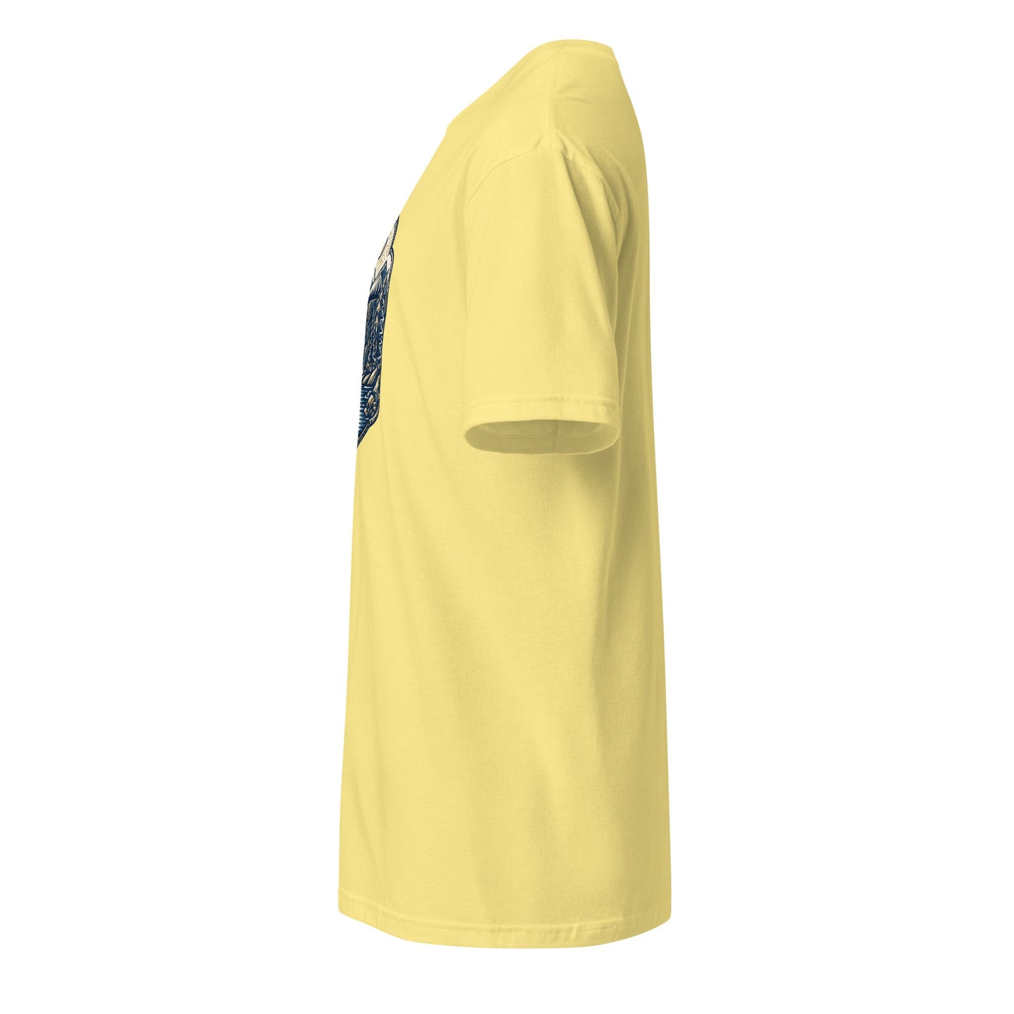 Sand yellow graphic tee with mountain logo on left chest
