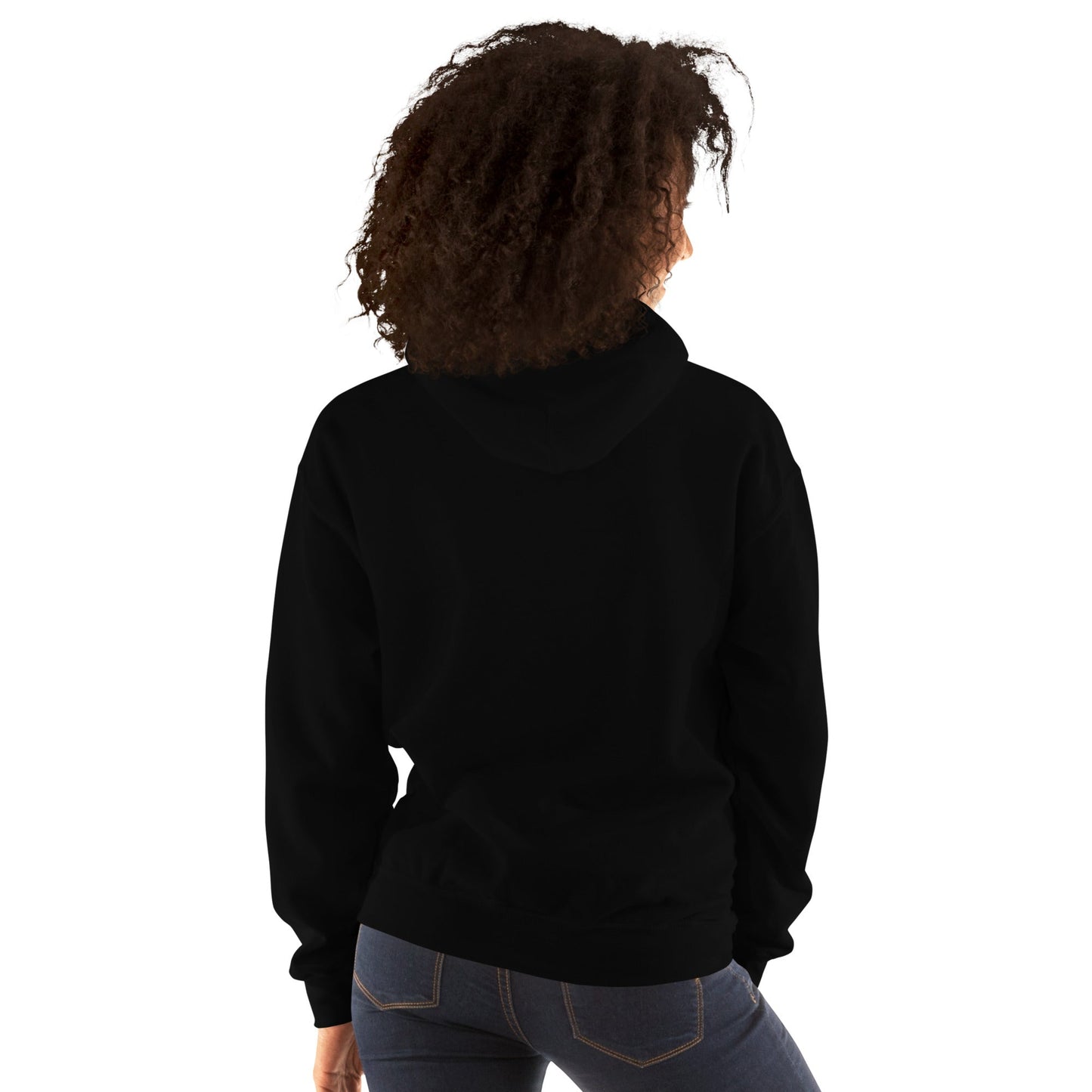 Unisex heavy blend hoodie, black, rear view with hood and kangaroo pocket