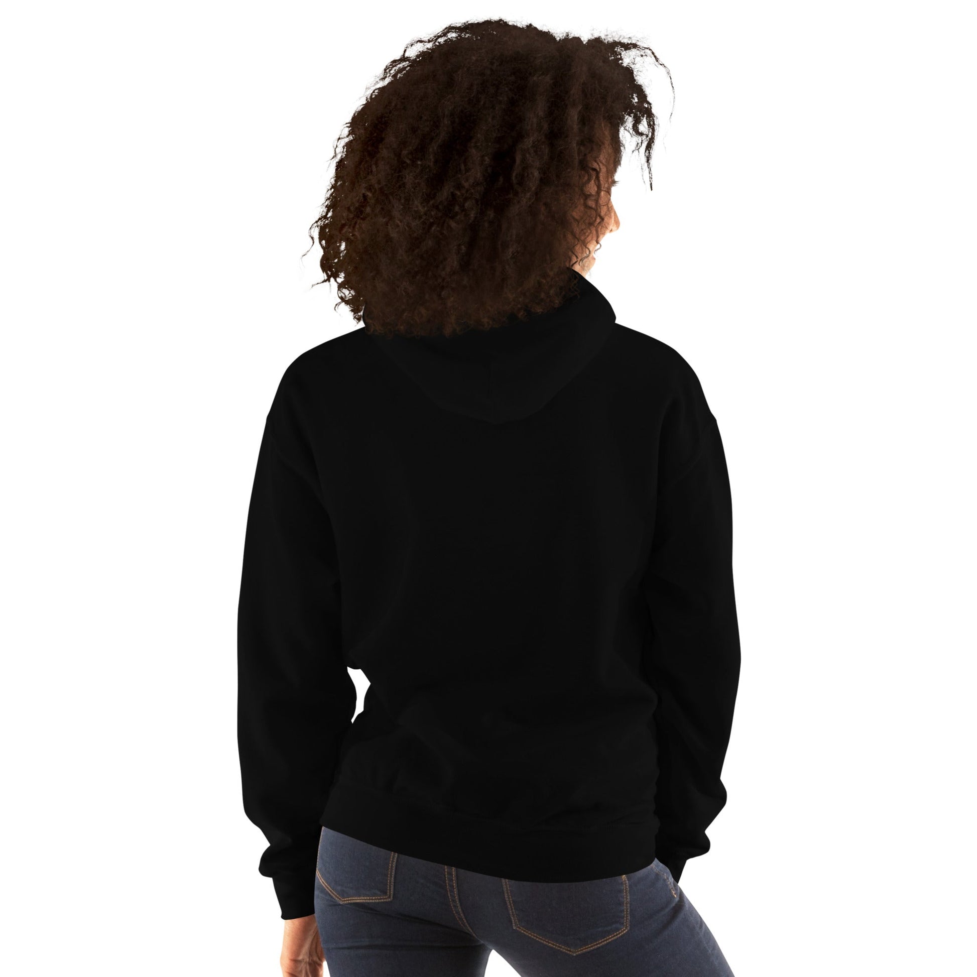 Unisex heavy blend hoodie, black, rear view with hood and kangaroo pocket
