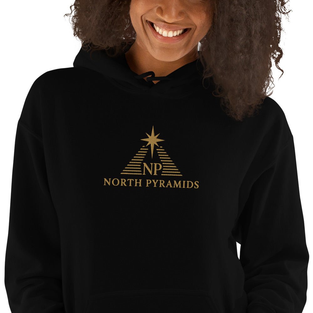 Unisex heavy blend hoodie, black with gold triangle chest logo
