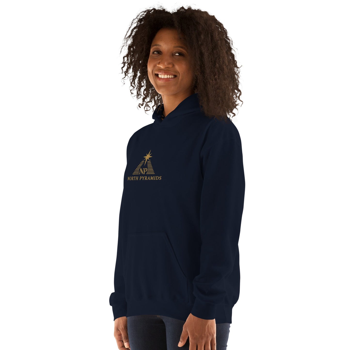 Unisex heavy blend hoodie, navy, side view with small chest logo