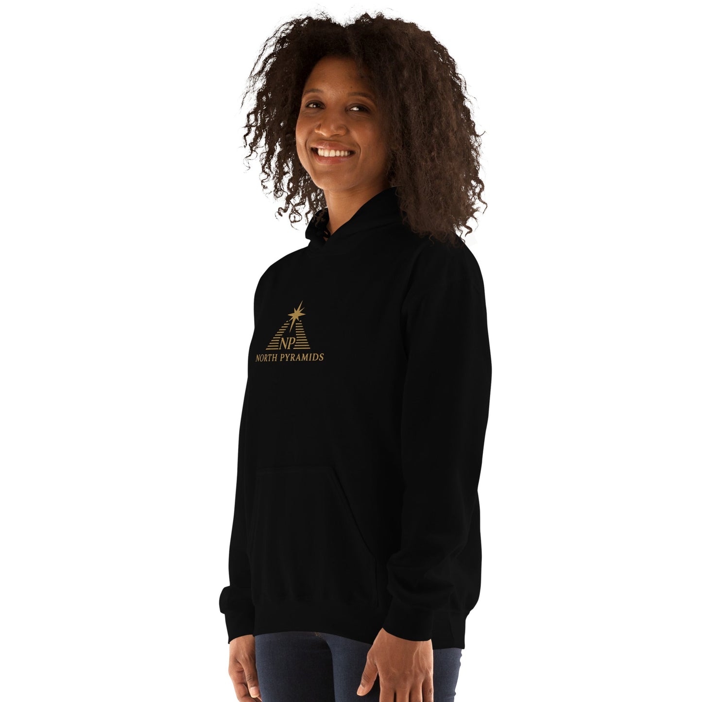Unisex heavy blend hoodie, black, side view with small chest logo