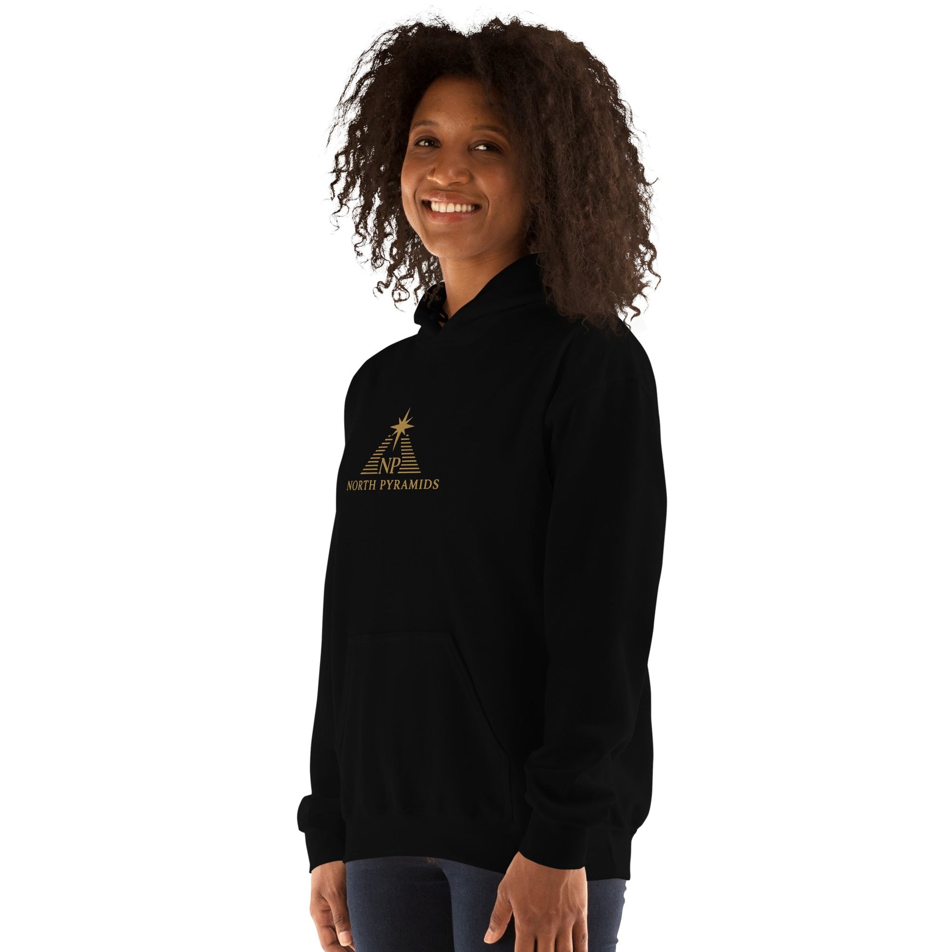 Unisex heavy blend hoodie, black, side view with small chest logo