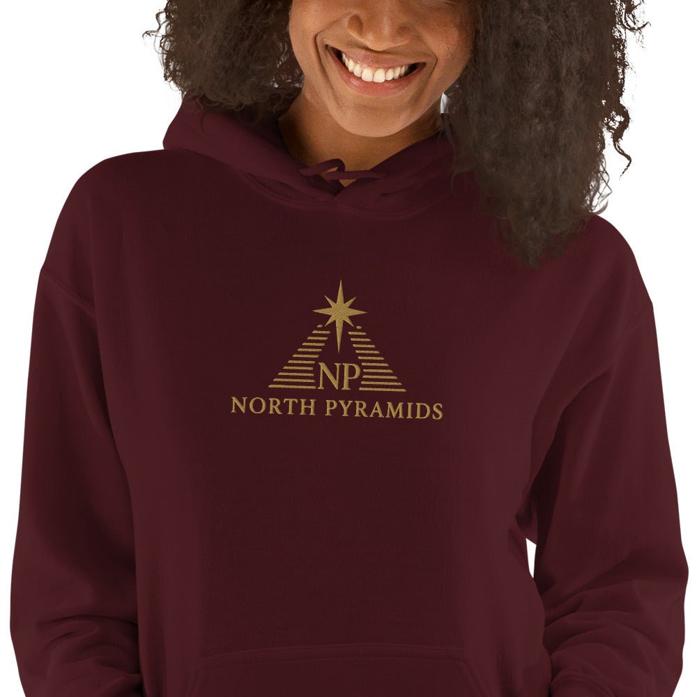 Unisex heavy blend hoodie in maroon with front hood and North Pyramids gold logo