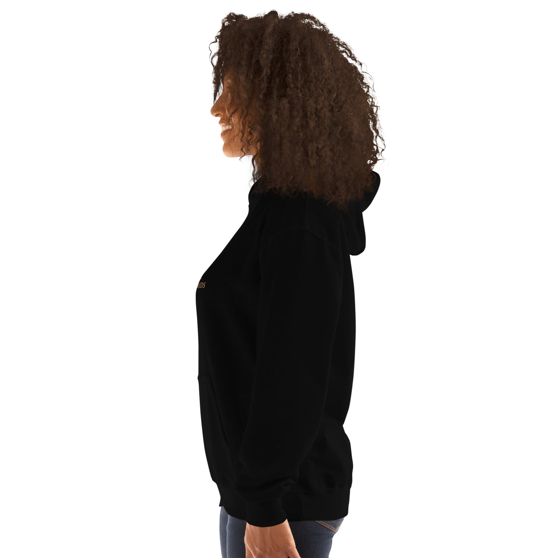 Unisex heavy blend hoodie, black, profile view with hood and kangaroo pocket