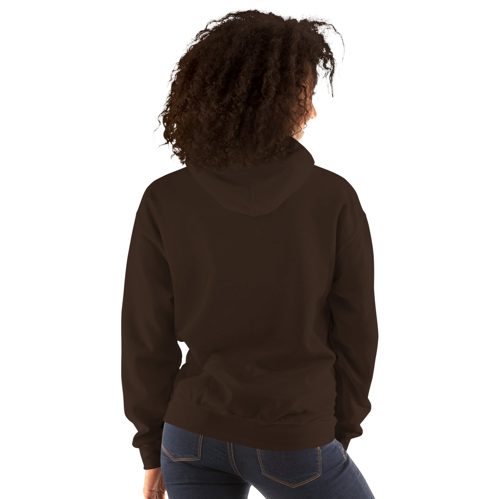 Unisex heavy blend hoodie in dark chocolate, back view with hood and kangaroo pocket