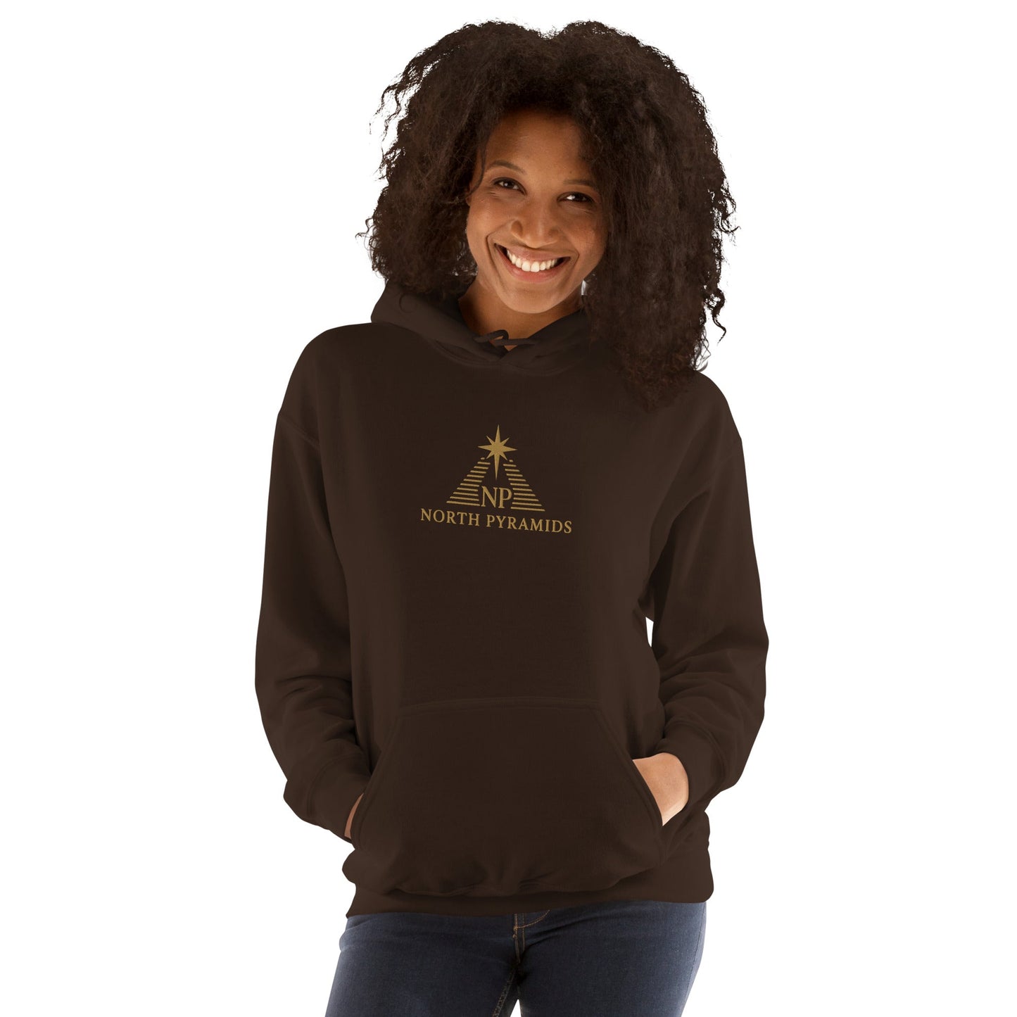 Unisex heavy blend hoodie in dark chocolate with front hood, drawstring, and North Pyramids logo
