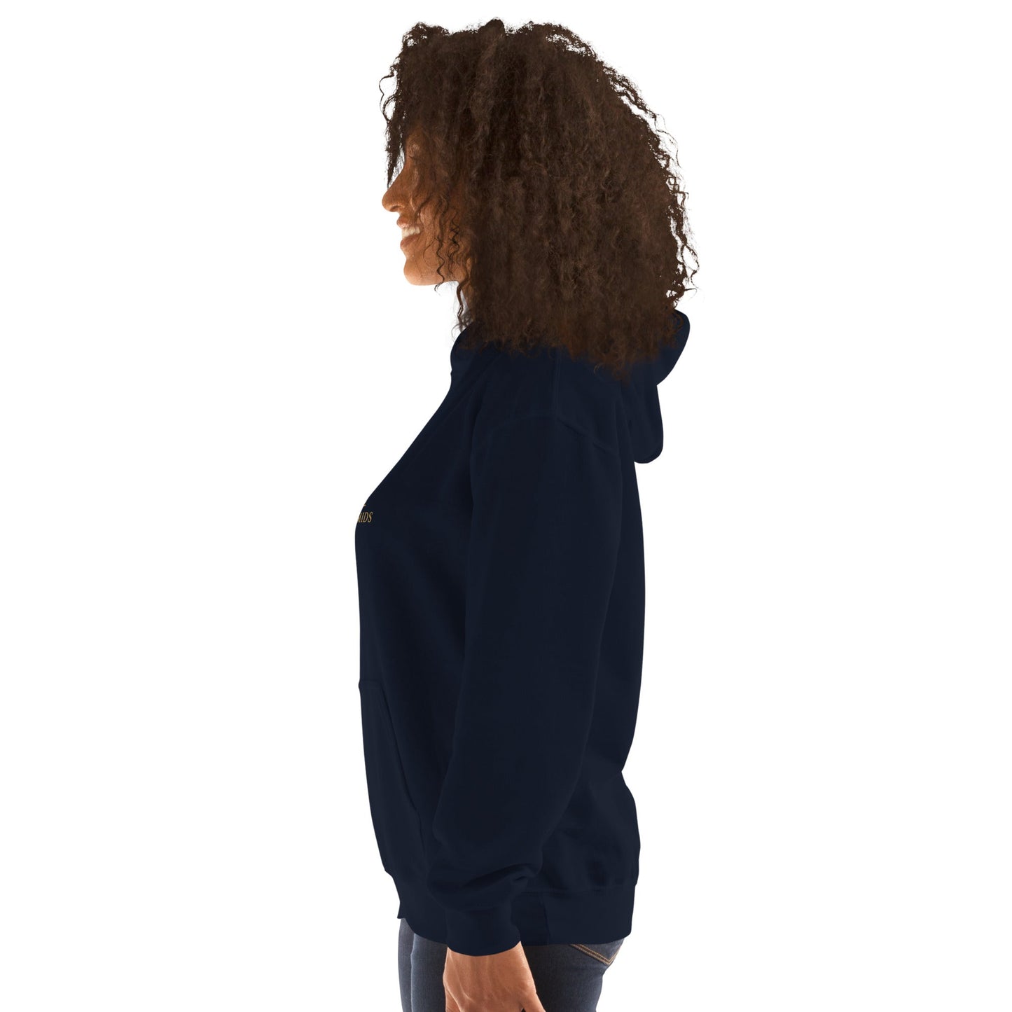 Unisex heavy blend hoodie, navy, profile view with hood and kangaroo pocket