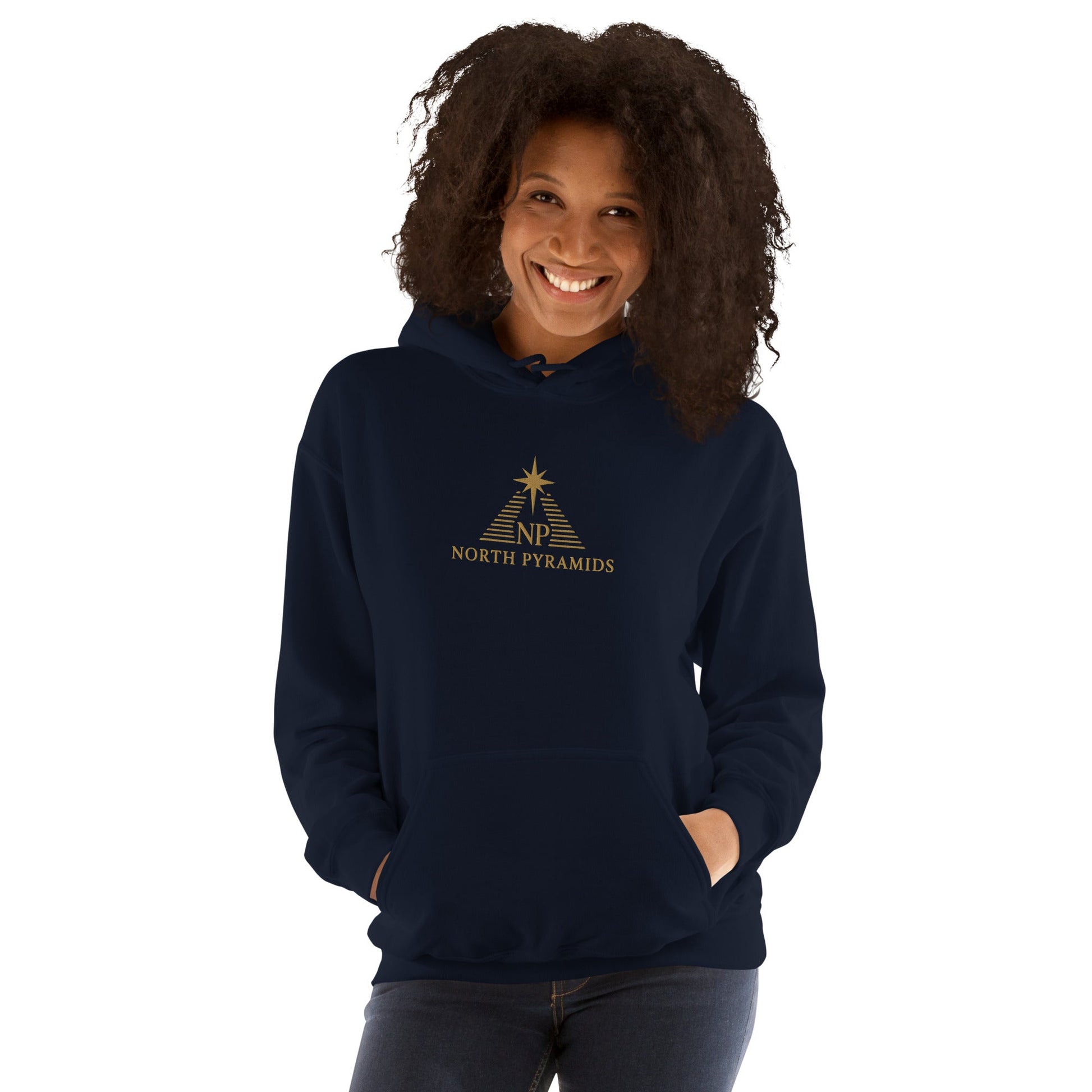 Unisex heavy blend hoodie, navy with gold triangle chest logo and drawstring hood
