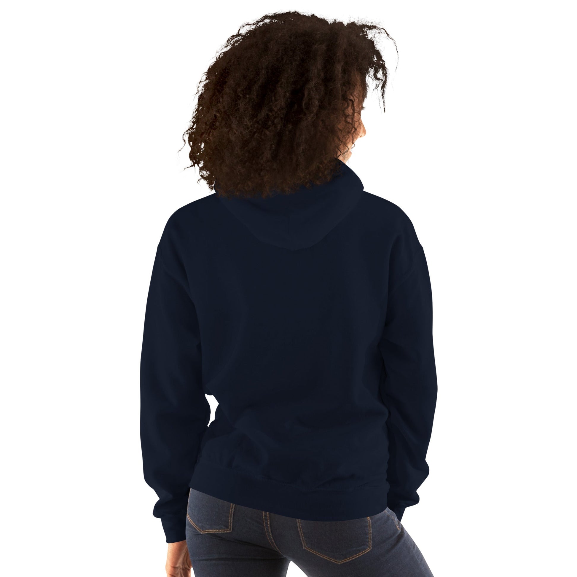 Unisex heavy blend hoodie, navy, rear view with hood and kangaroo pocket