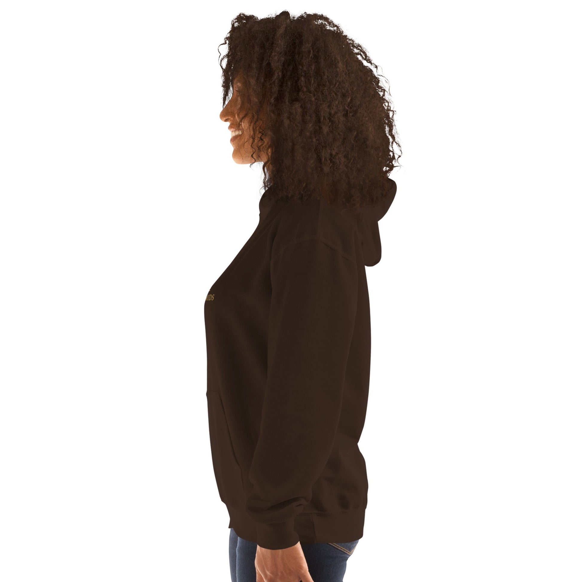 Unisex heavy blend hoodie in dark chocolate with hood and kangaroo pocket, side view