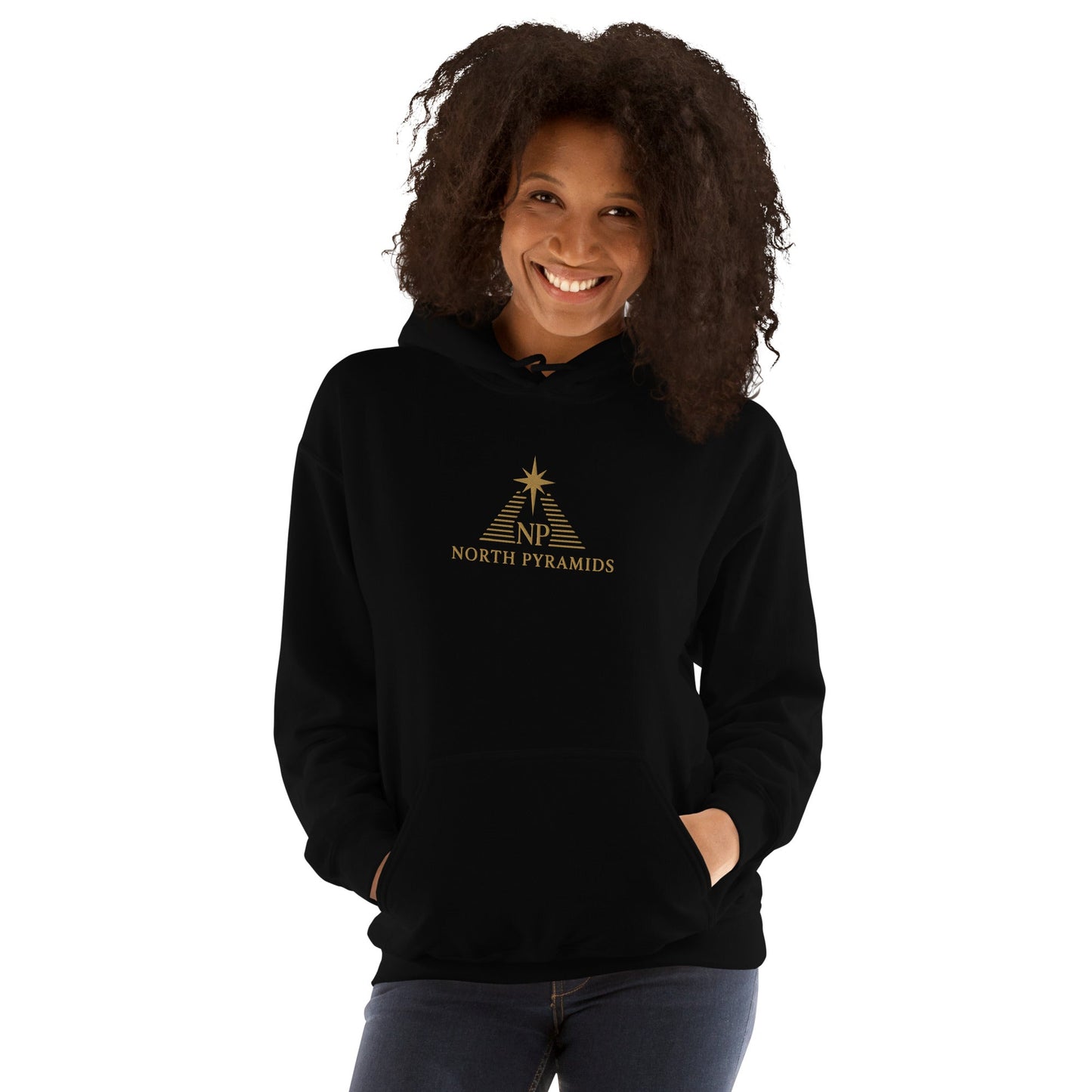 Unisex heavy blend hoodie, black with gold triangle chest logo and drawstring hood