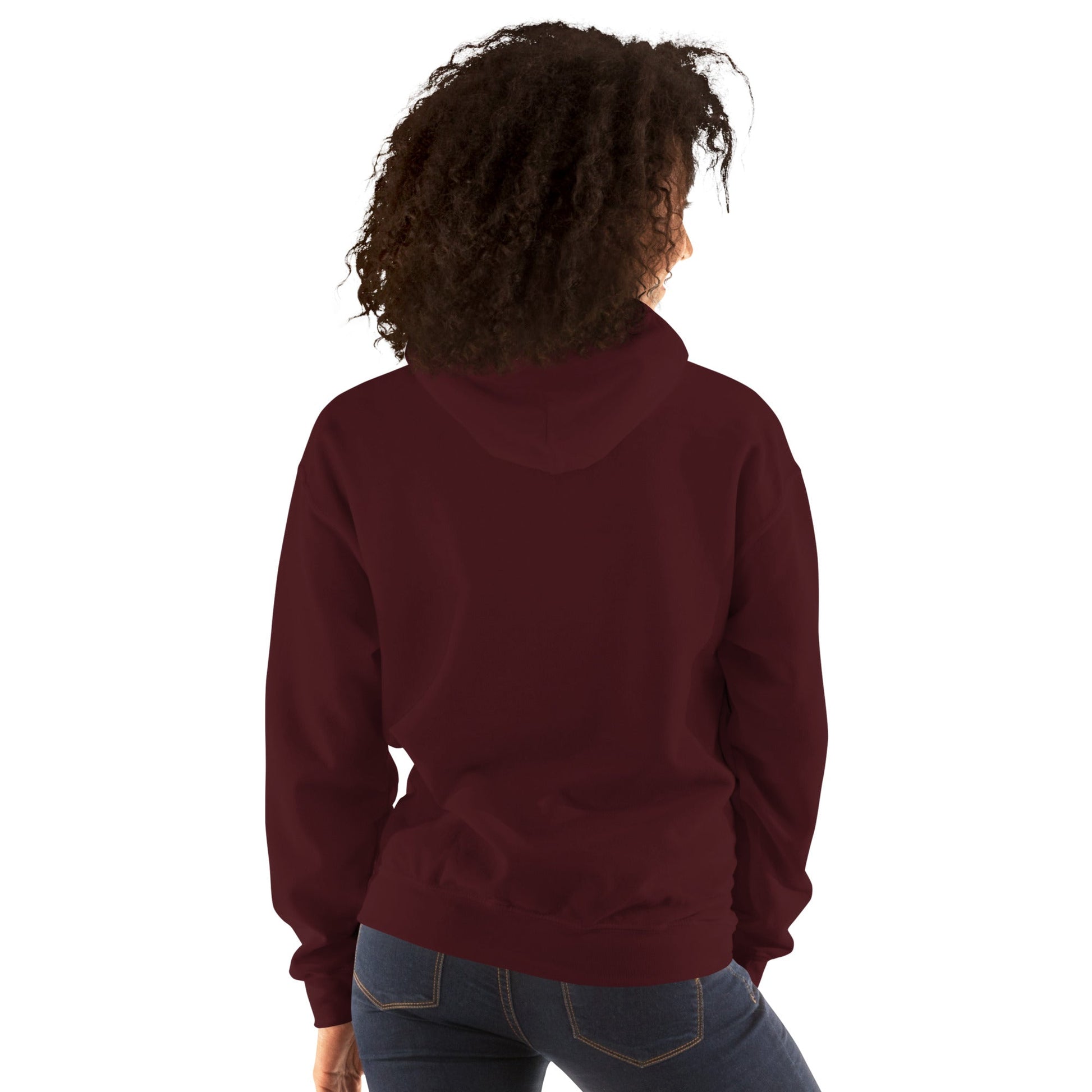 Unisex heavy blend hoodie in maroon, back view with hood and kangaroo pocket