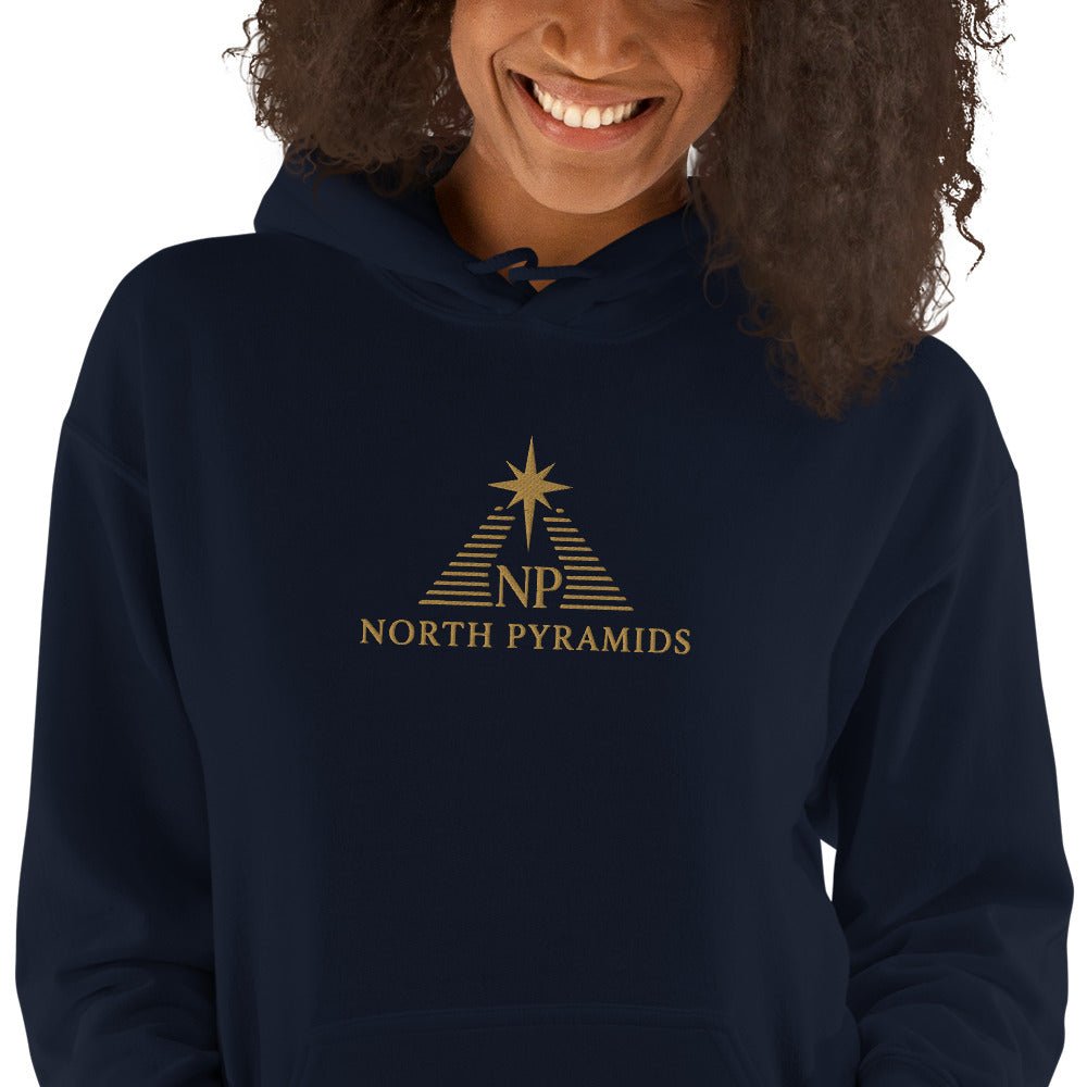 Unisex heavy blend hoodie, navy with gold triangle chest logo