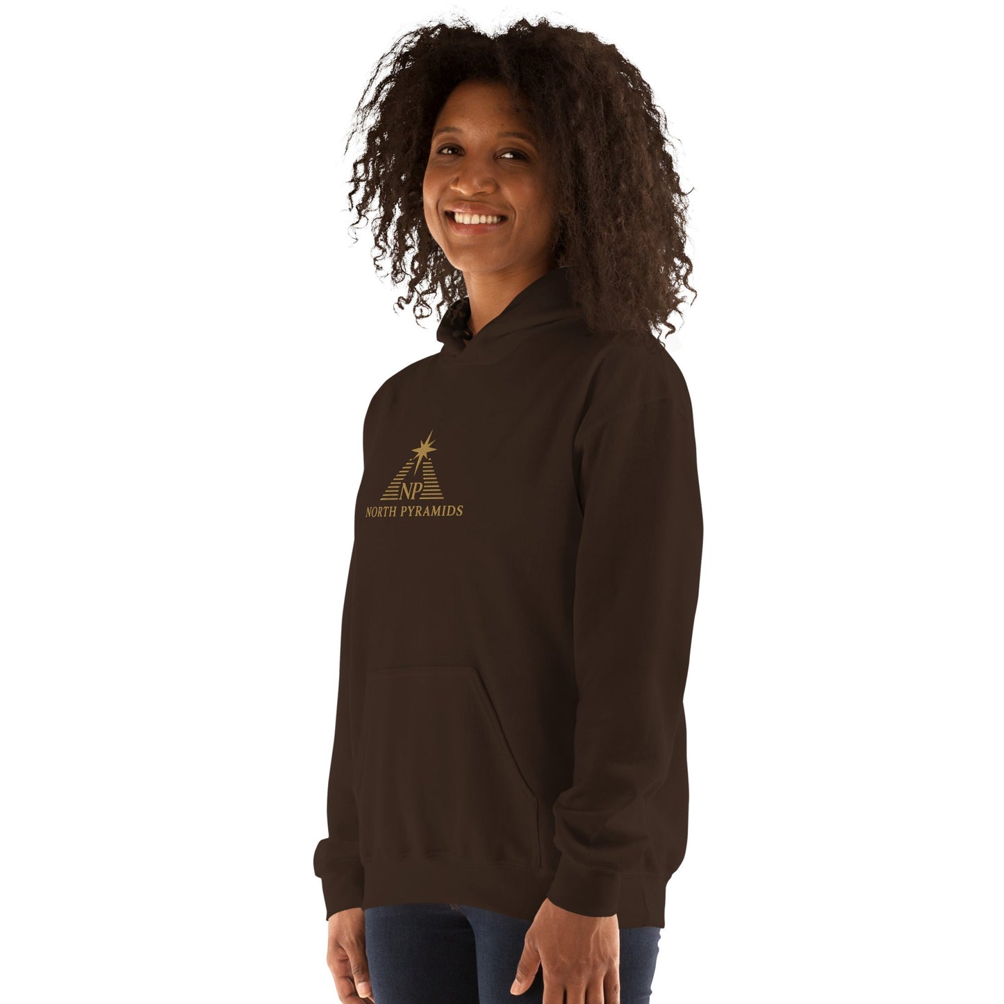 Unisex heavy blend hoodie in dark chocolate, three-quarter front view with North Pyramids logo