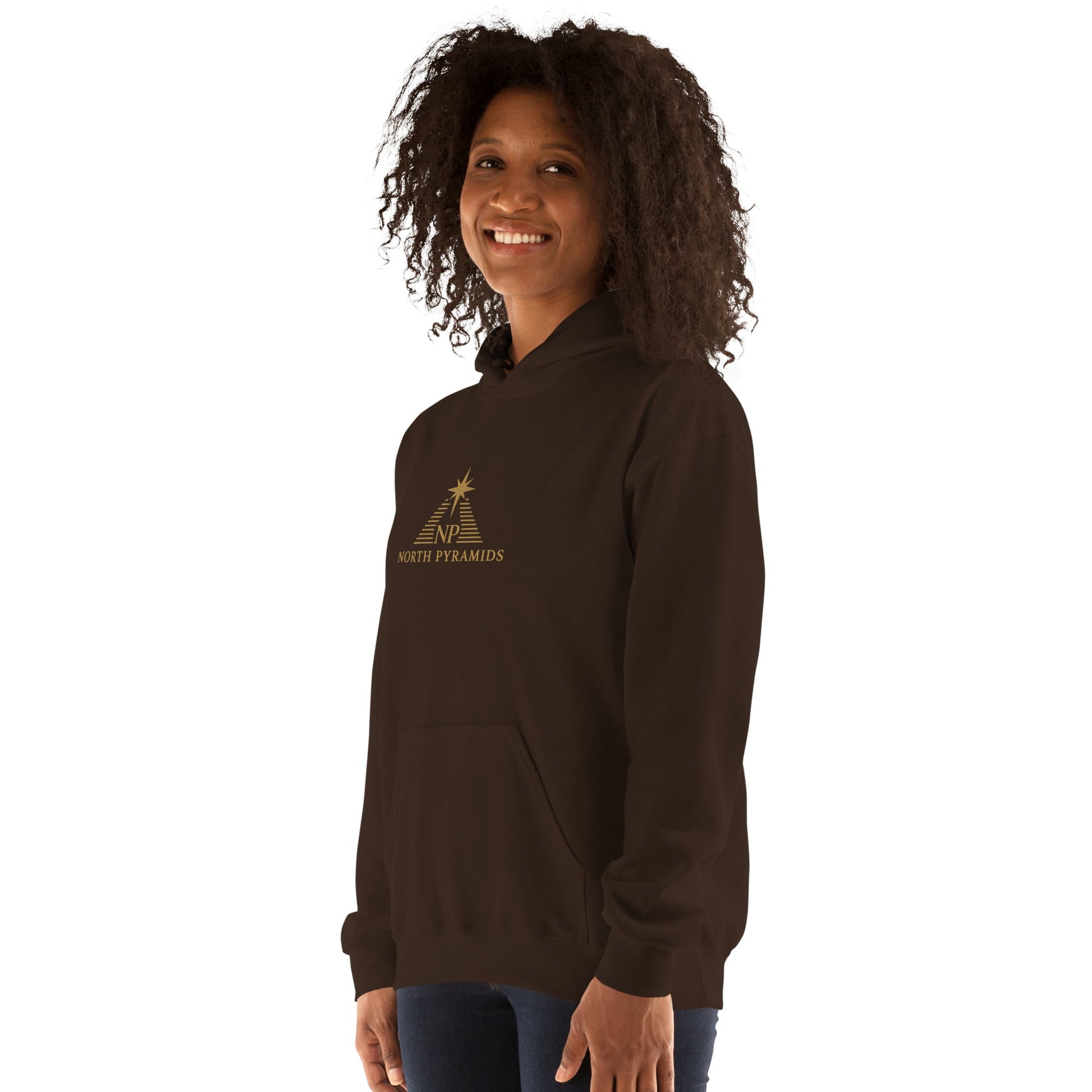 Unisex heavy blend hoodie in dark chocolate, three-quarter front view with North Pyramids logo