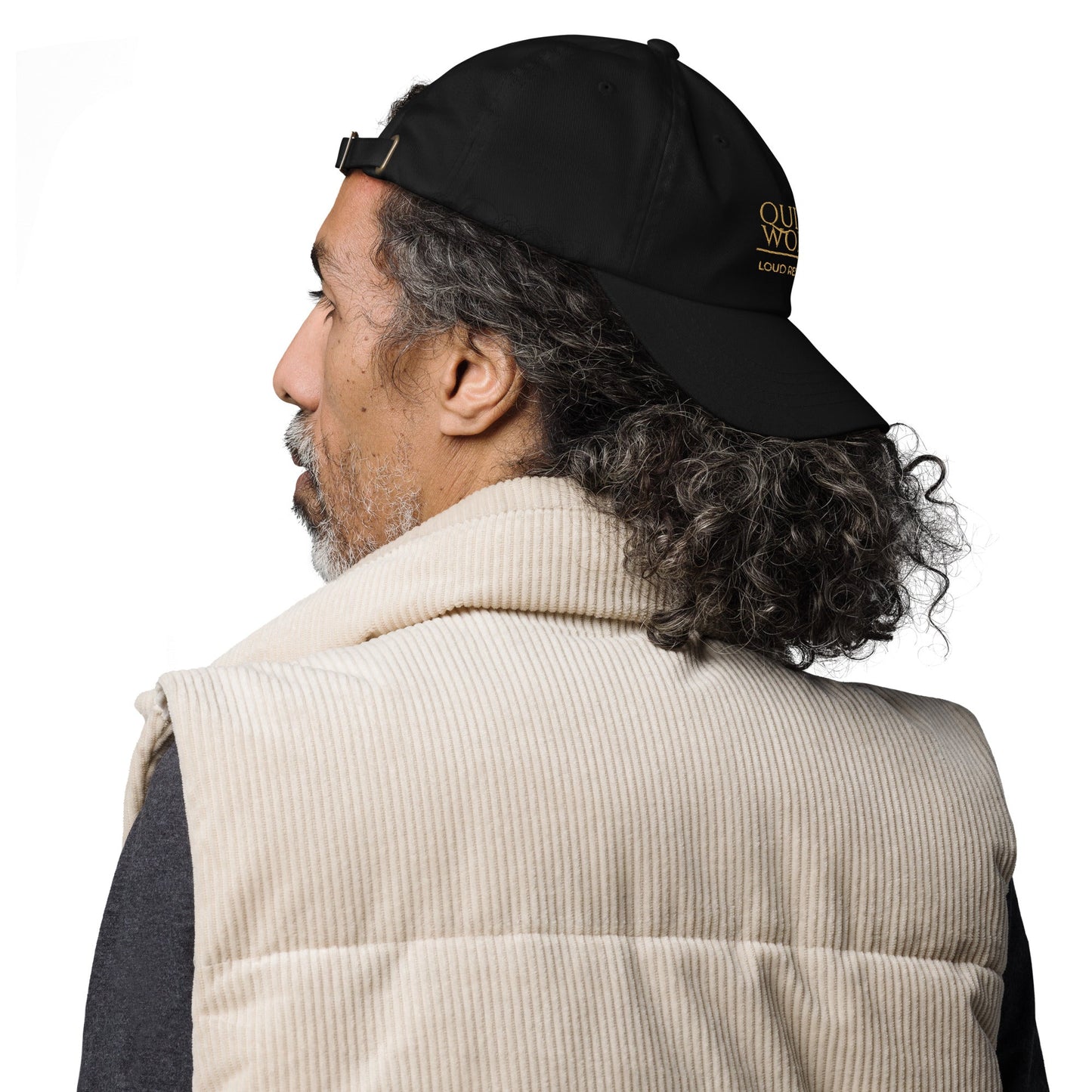 Black dad hat from the side with embroidered logo detail on the back