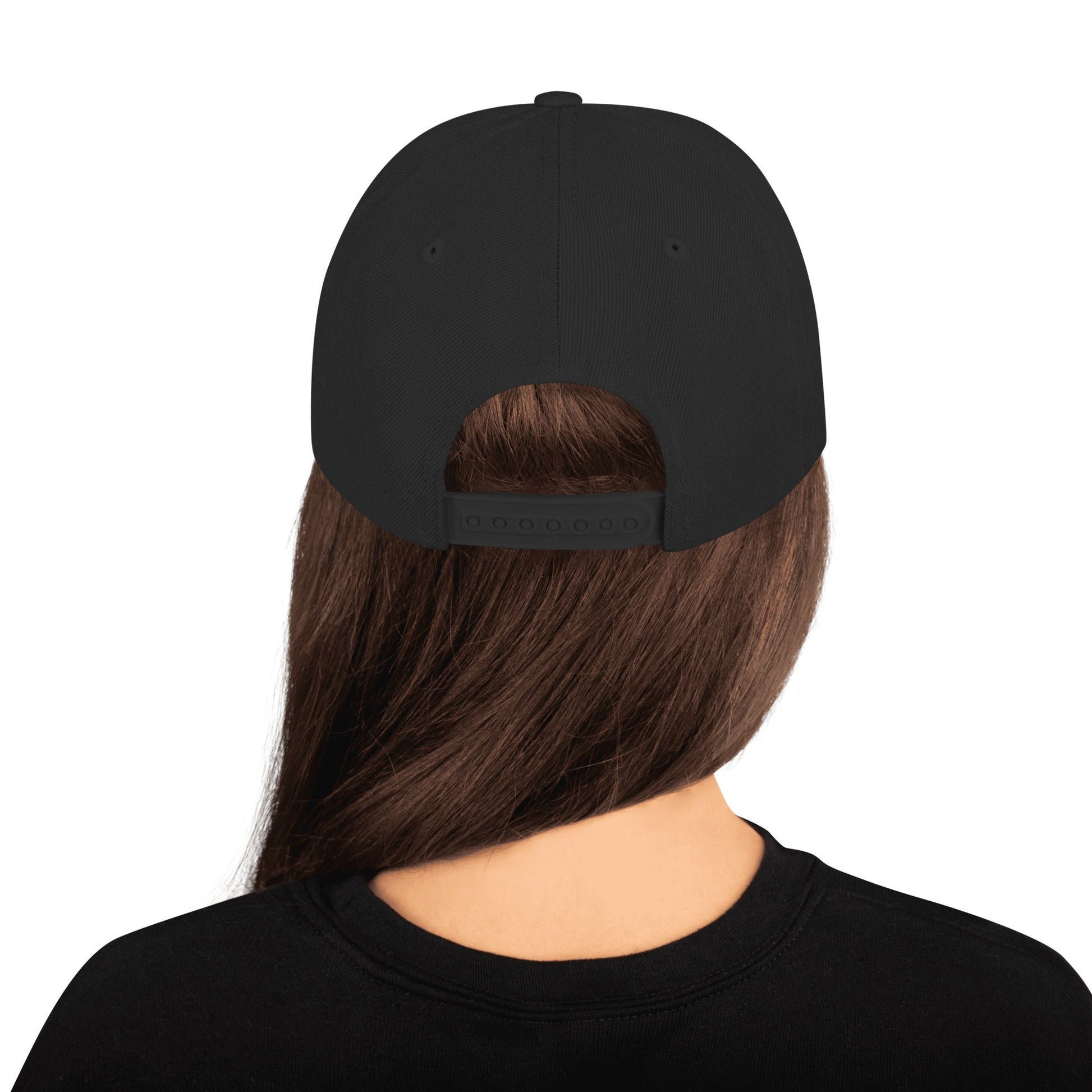 Black snapback cap, back view with adjustable strap