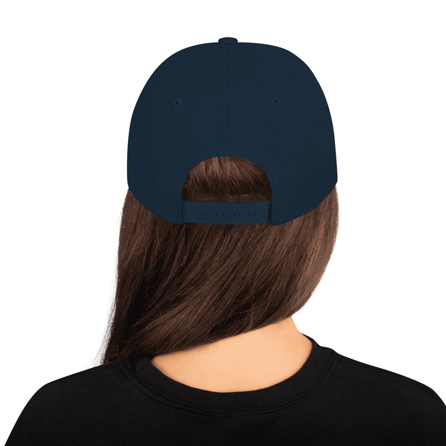 Dark navy snapback cap, back view with adjustable strap