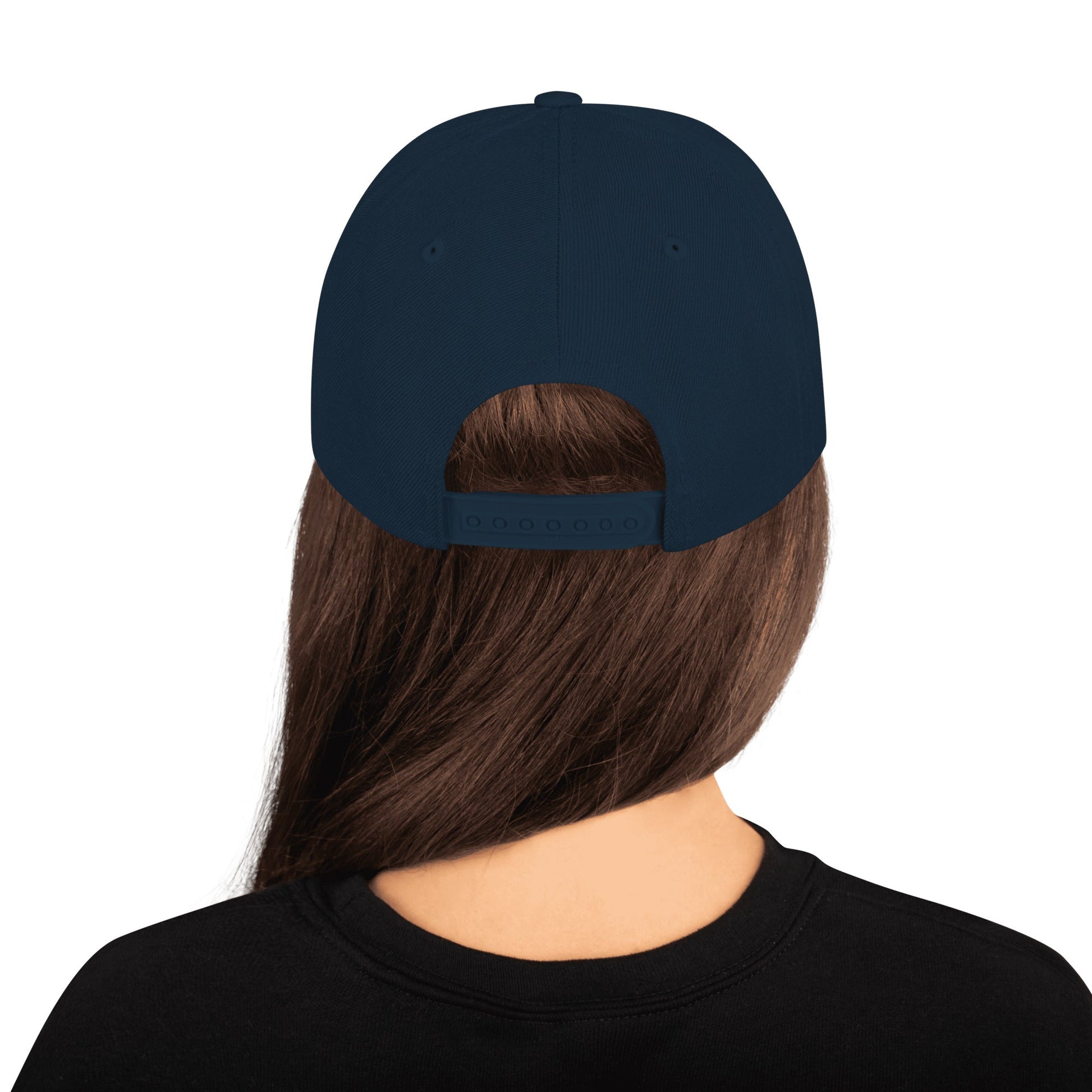 Dark navy snapback cap, back view with adjustable strap