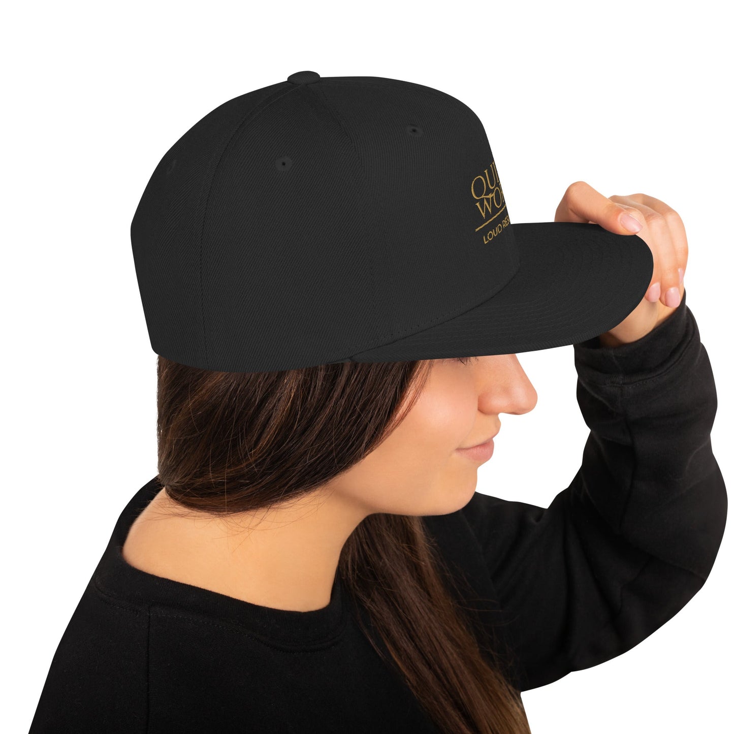 Black snapback cap, angled side view with crown logo print