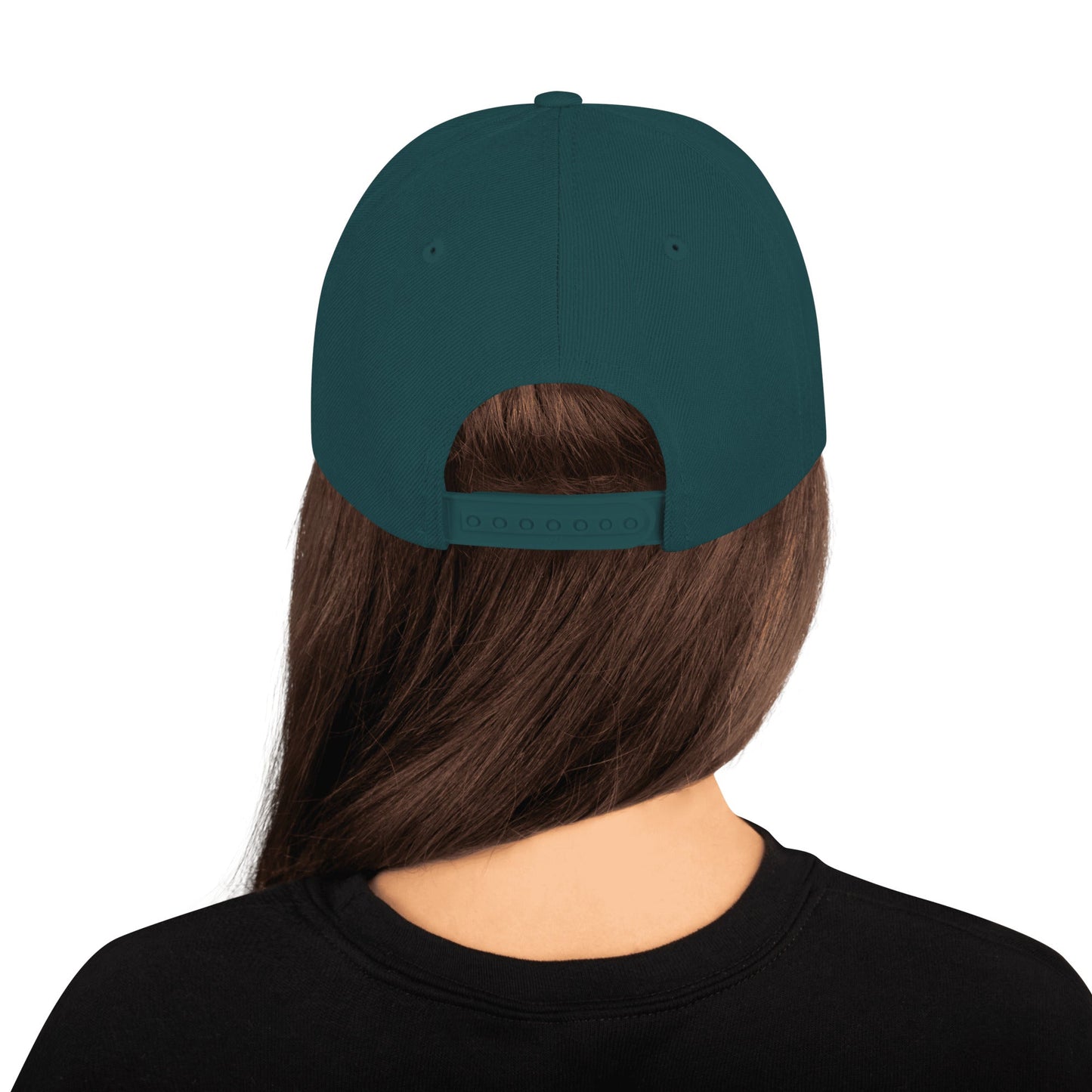Dark teal snapback cap shown from back with adjustable strap