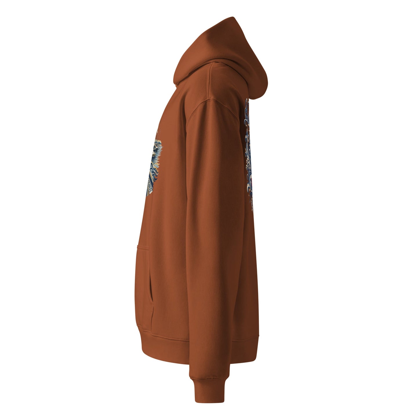Clay brown oversized hoodie with hood and sleeve pyramid graphic, side view.