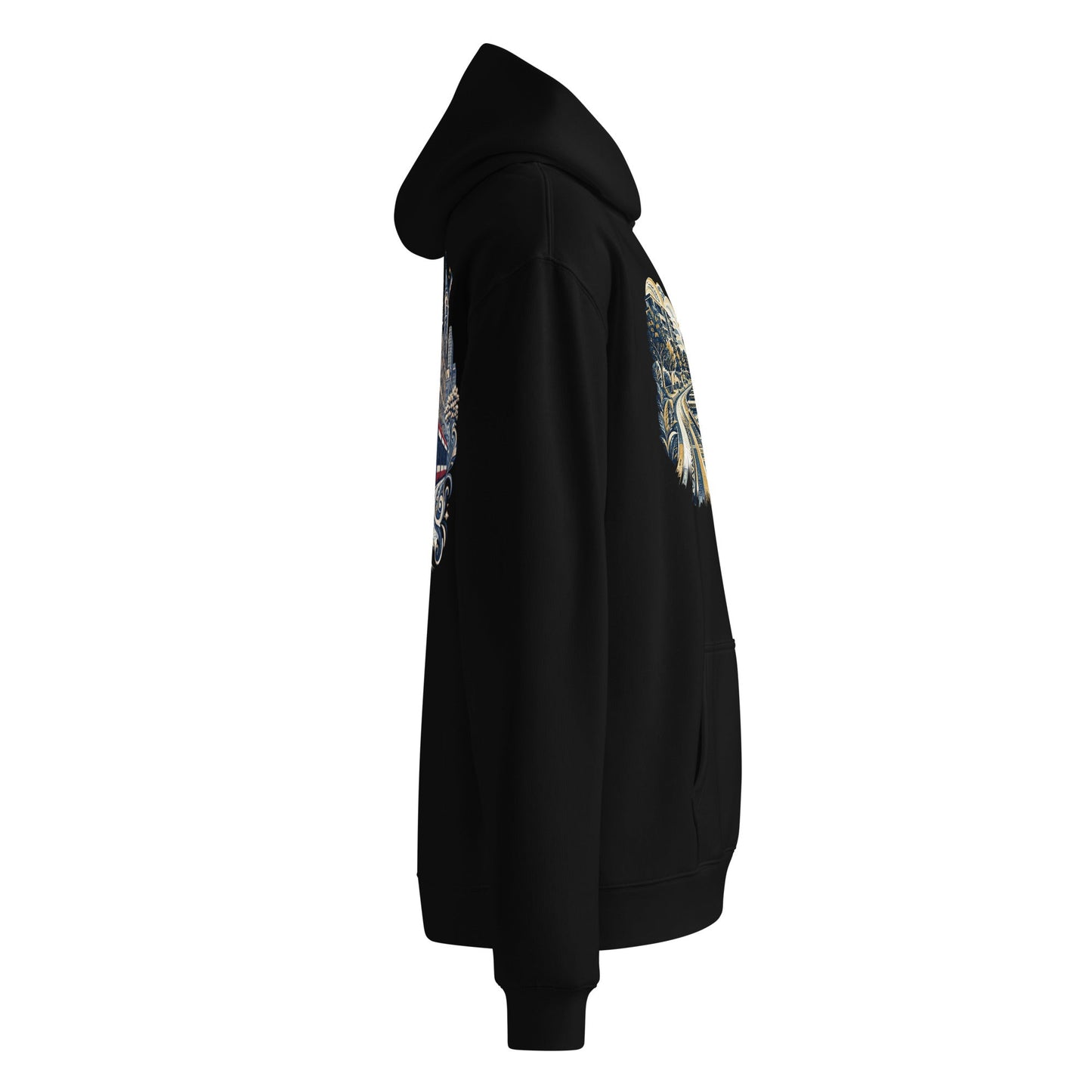 Oversized black hoodie, side view with sleeve graphic and front pocket
