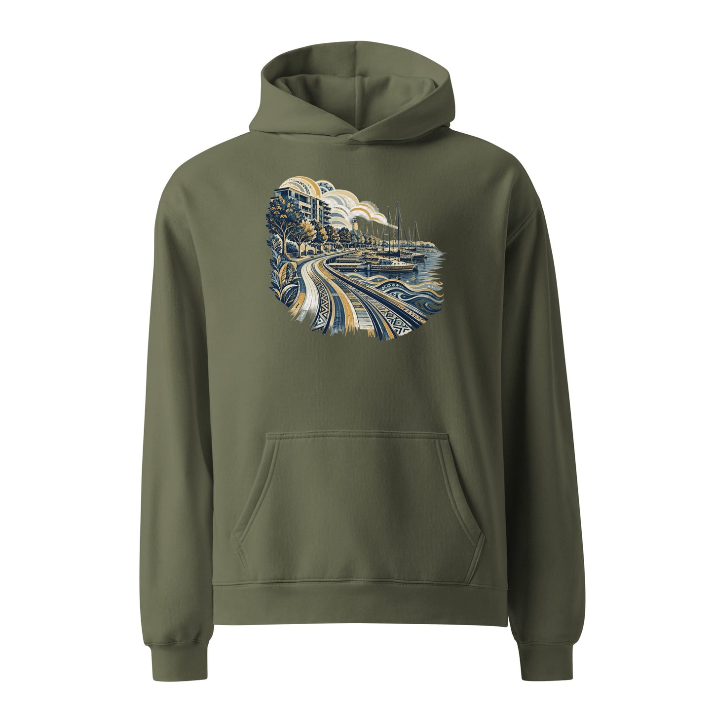 Olive oversized hoodie with hood, front pocket, and heart-shaped skyline graphic.
