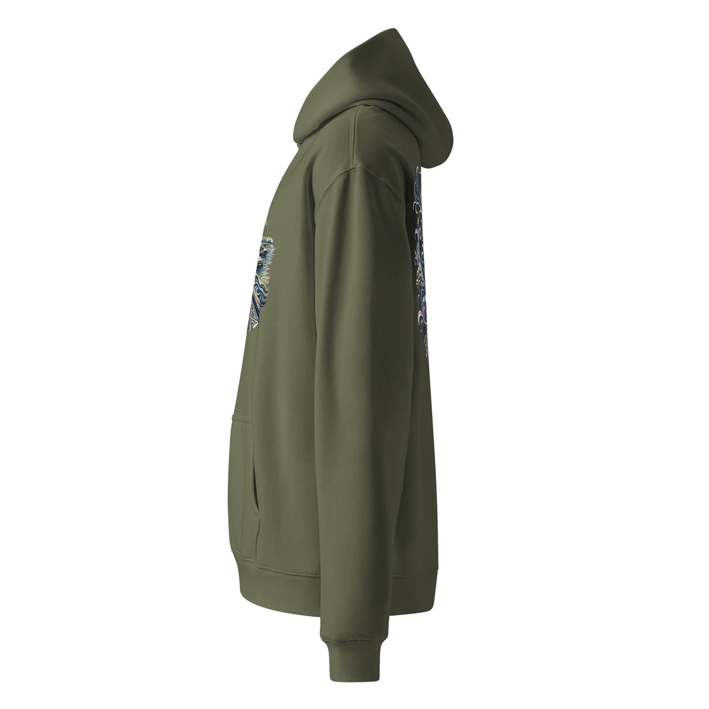 Olive oversized hoodie with hood and sleeve pyramid graphic, side view.