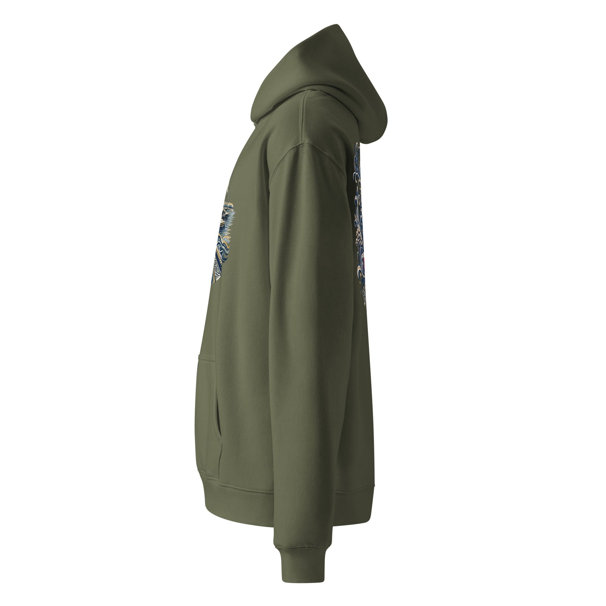 Olive oversized hoodie with hood and sleeve pyramid graphic, side view.