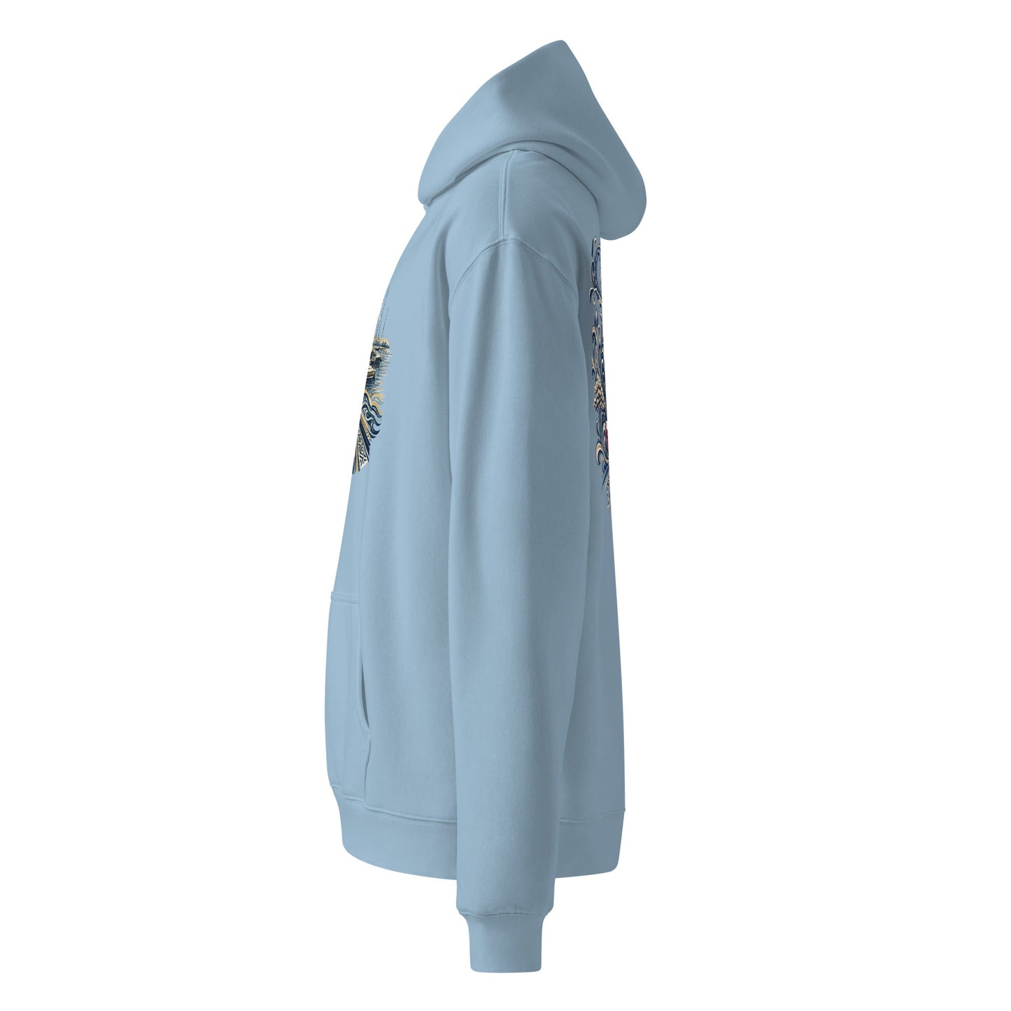 Light blue oversized hoodie with hood and sleeve pyramid graphic, kangaroo pocket.
