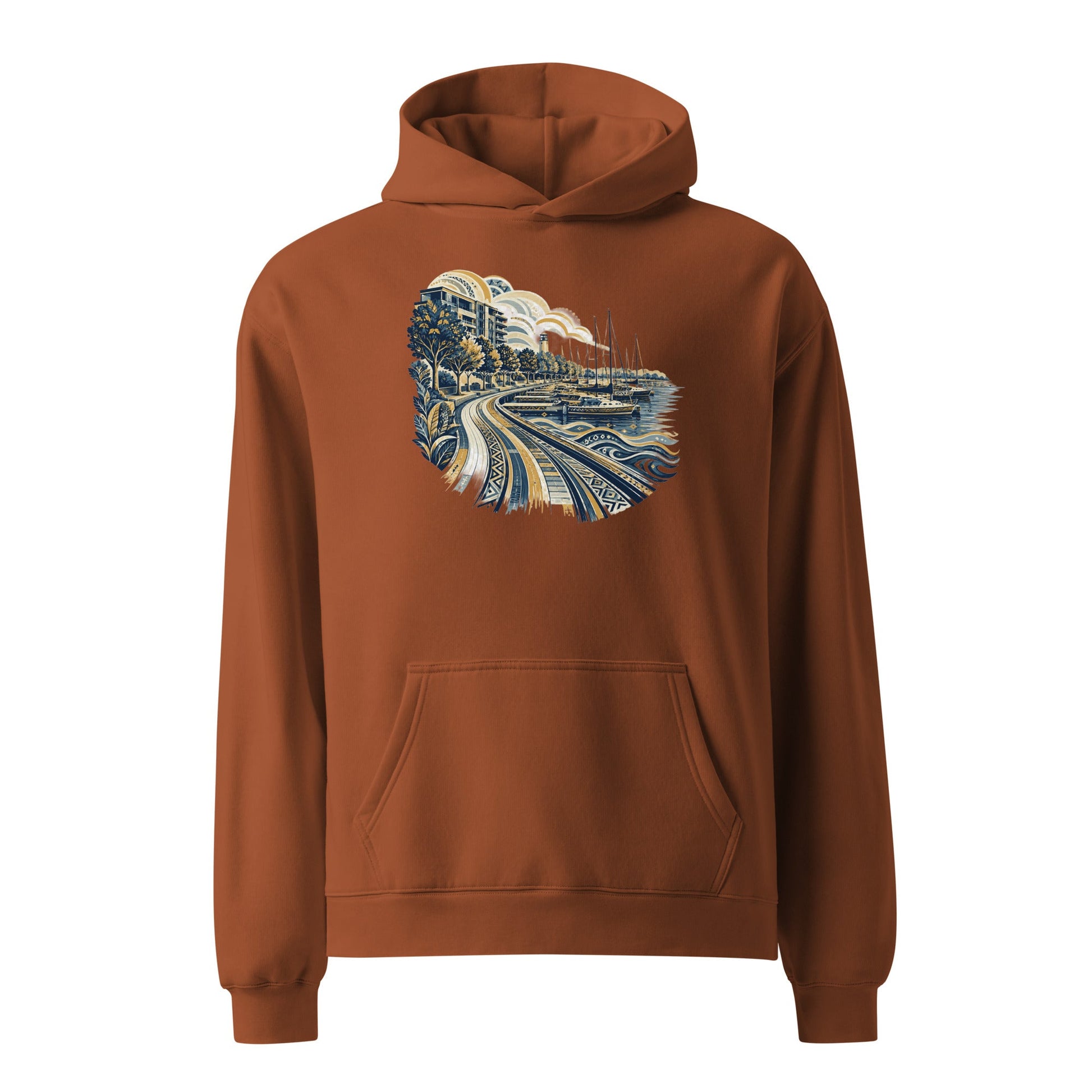 Clay brown oversized hoodie with hood, front pocket, and heart-shaped skyline graphic.