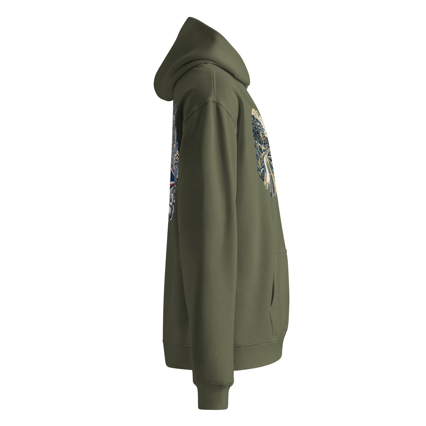 Olive oversized hoodie with hood and sleeve pyramid graphic detail, side view.