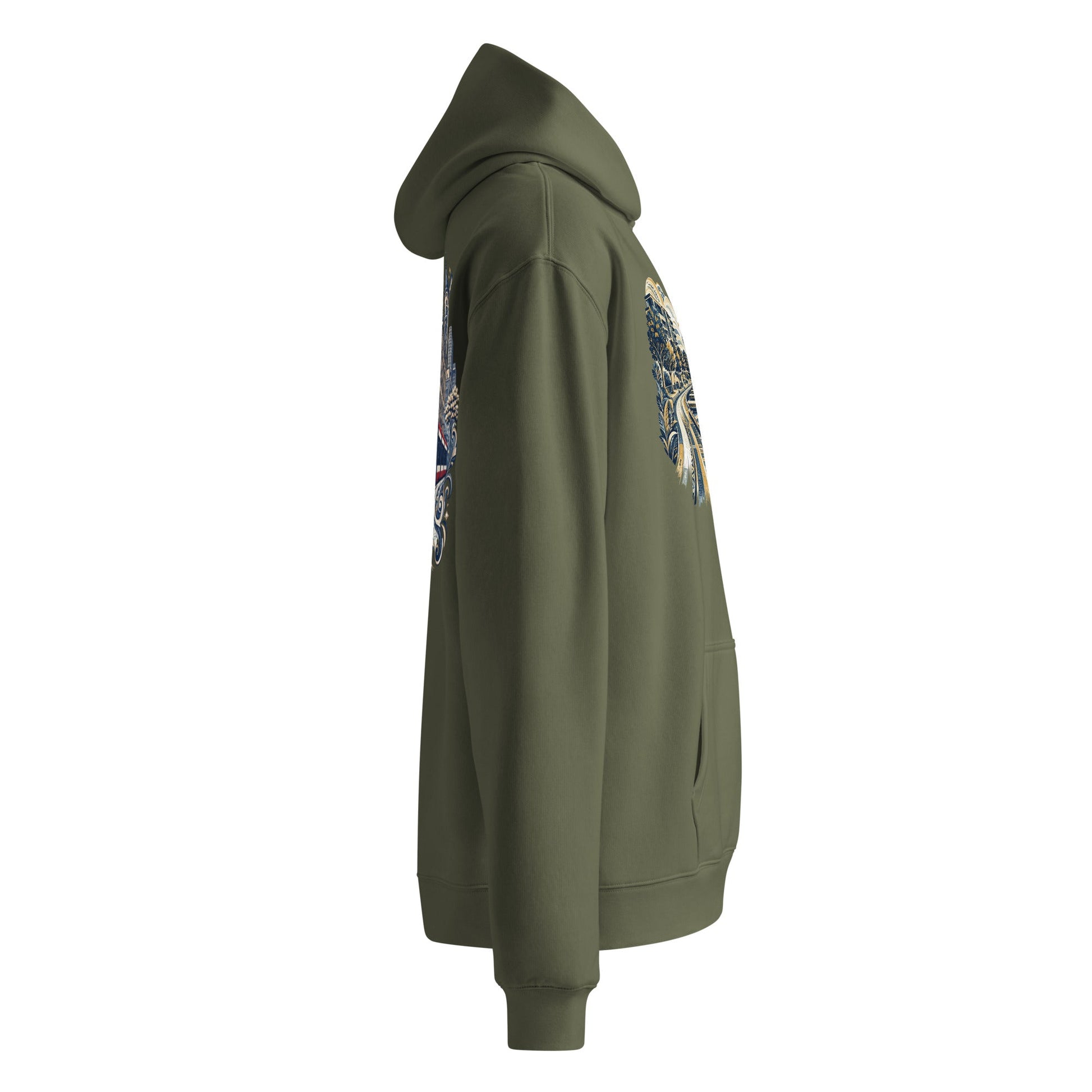 Olive oversized hoodie with hood and sleeve pyramid graphic detail, side view.