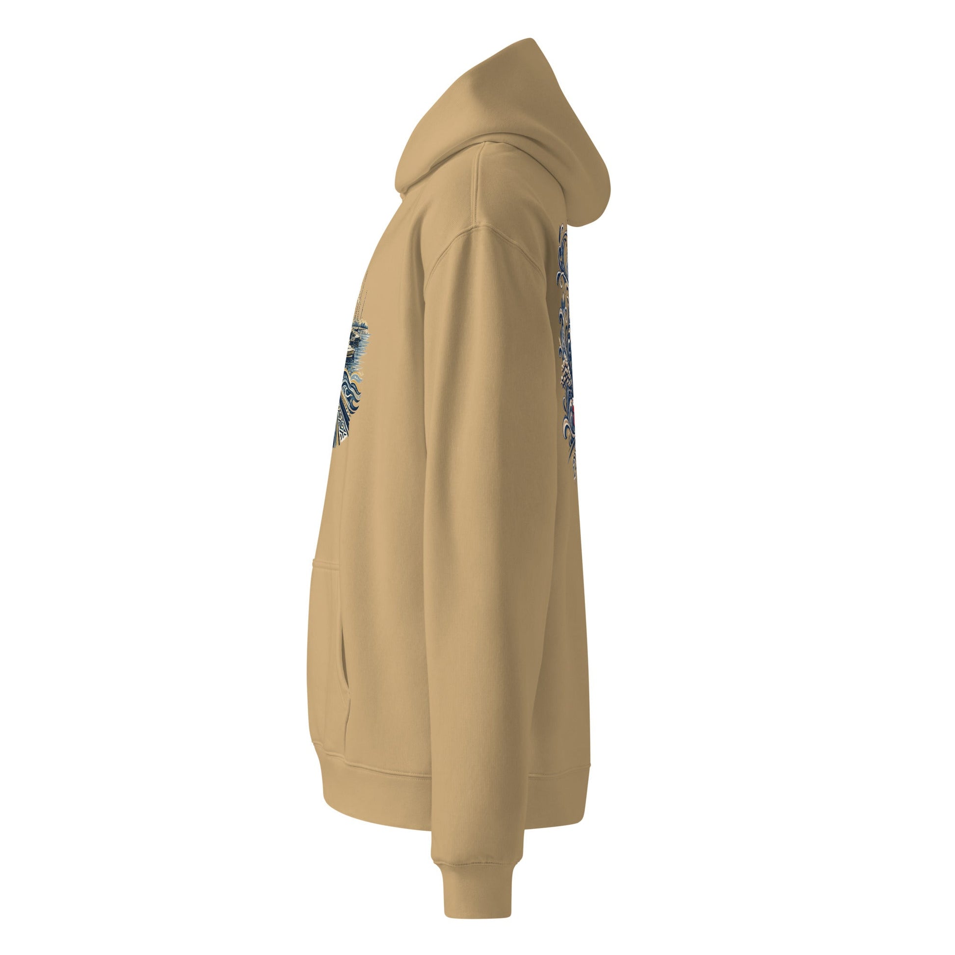 Clay oversized hoodie, side view, with blue graphic panel near shoulder