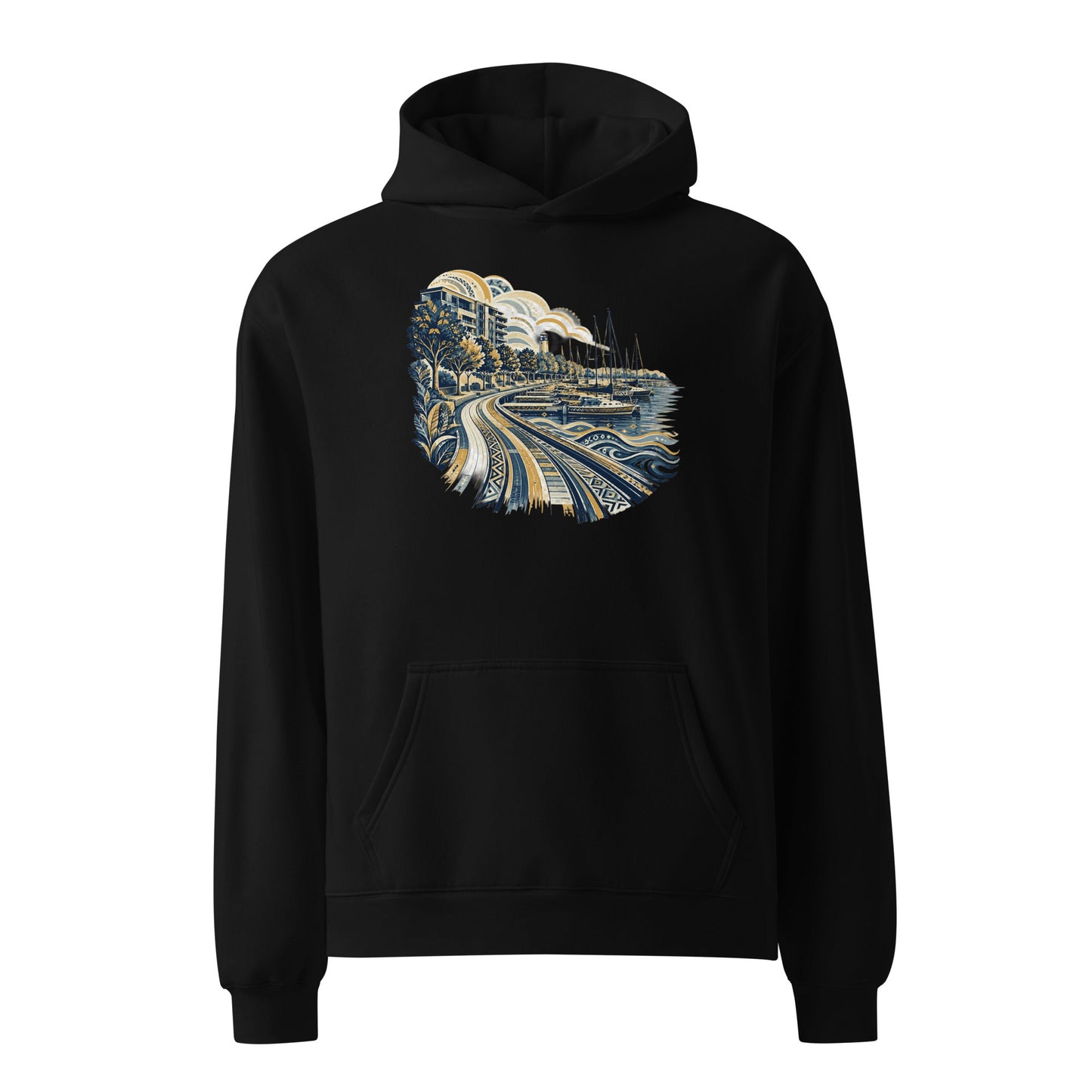 Oversized black hoodie with front pocket and skyline graphic on chest