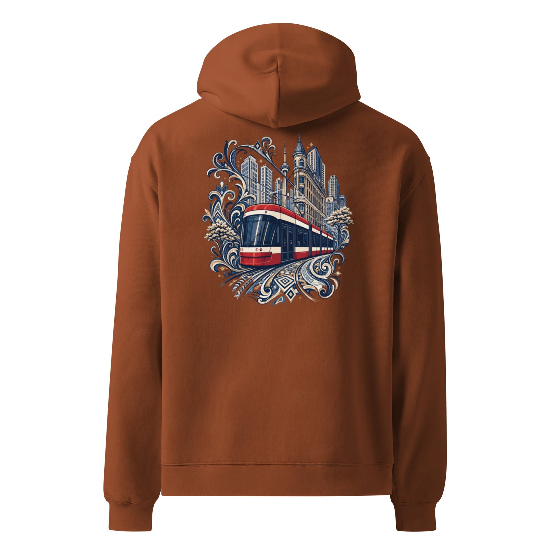 Clay brown oversized hoodie with hood and large back skyline graphic with ornate accents.