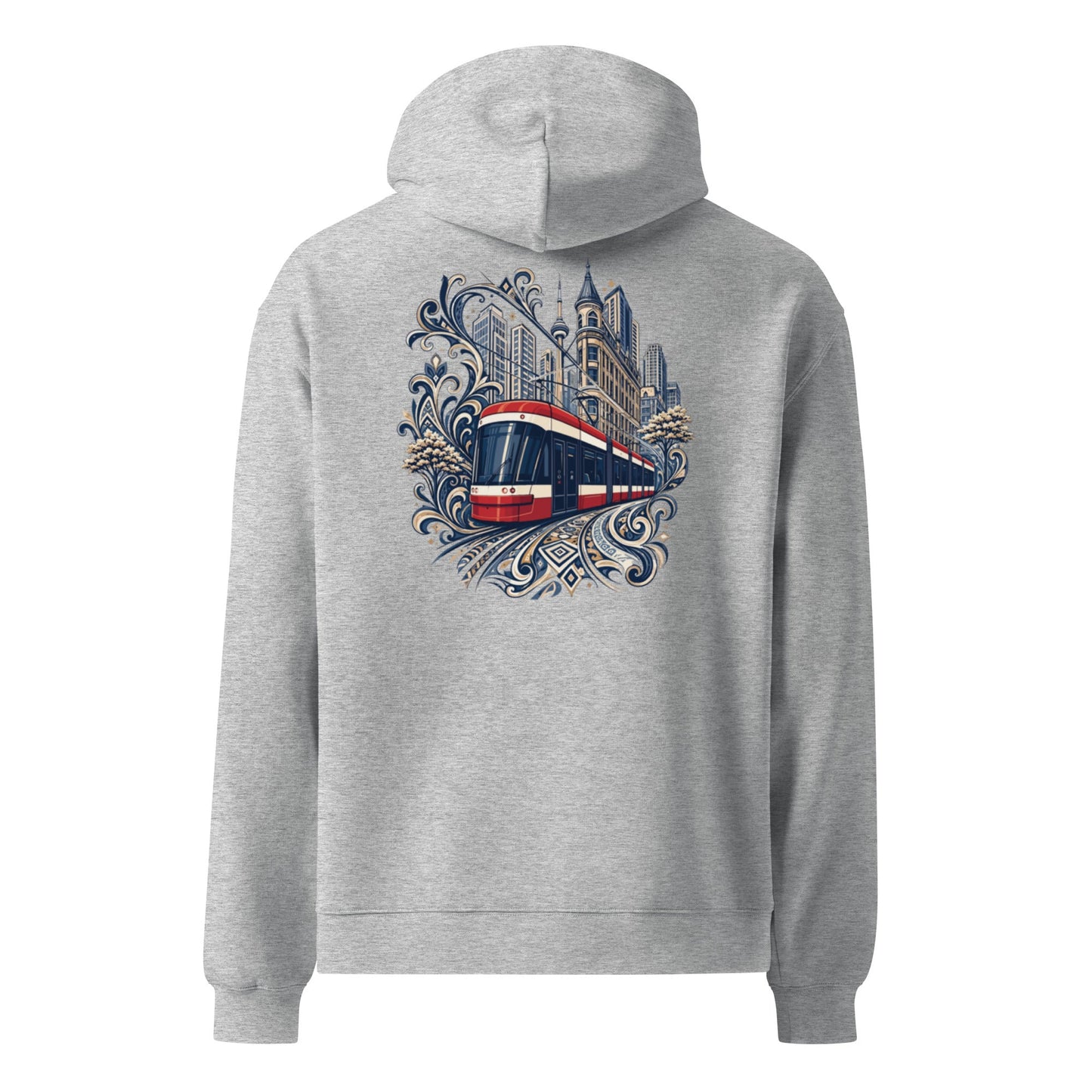 Oversized light gray heather hoodie with front pocket and detailed skyline graphic on back