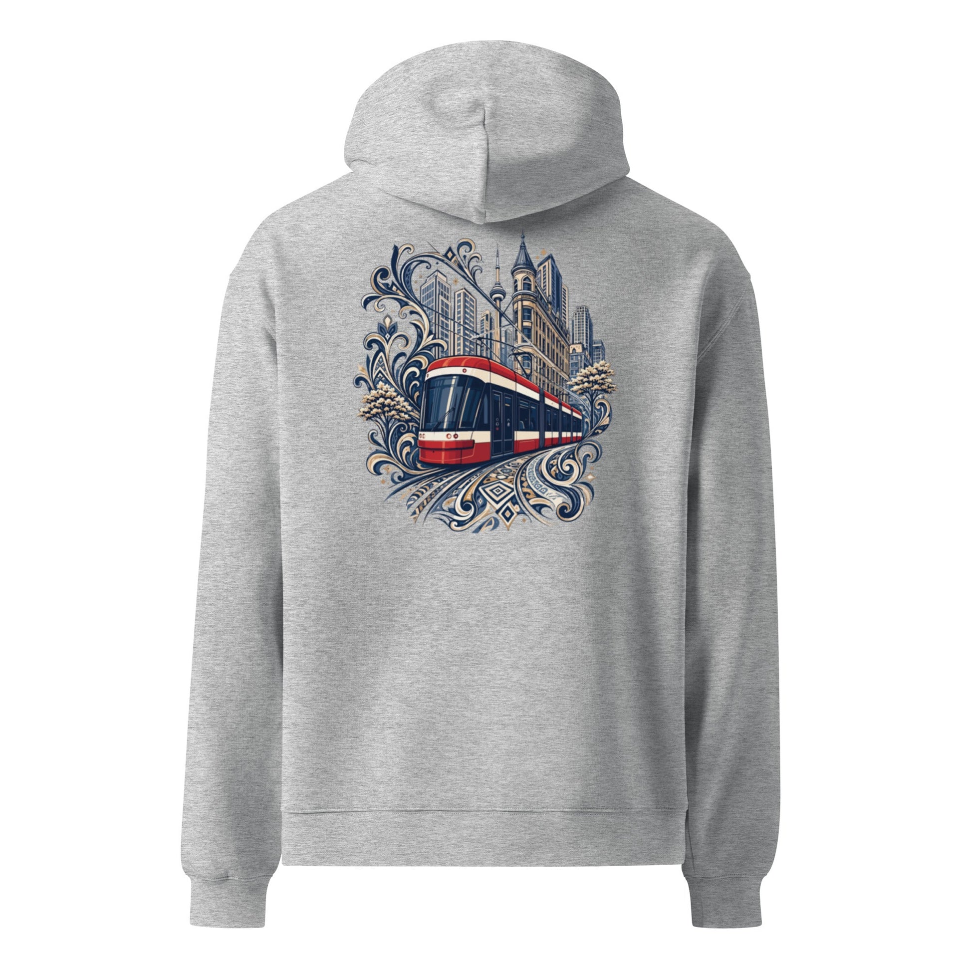 Oversized light gray heather hoodie with front pocket and detailed skyline graphic on back