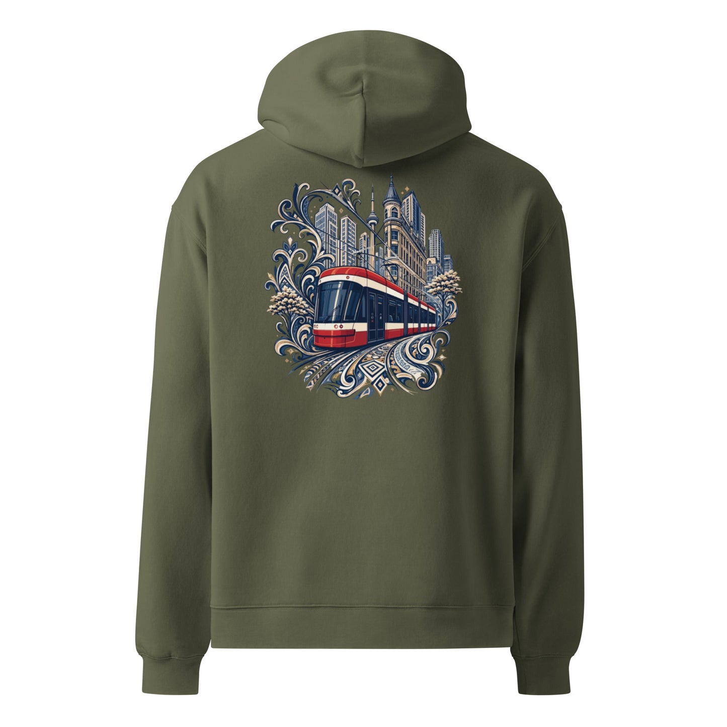 Olive oversized hoodie with hood and large back skyline graphic with ornate accents.