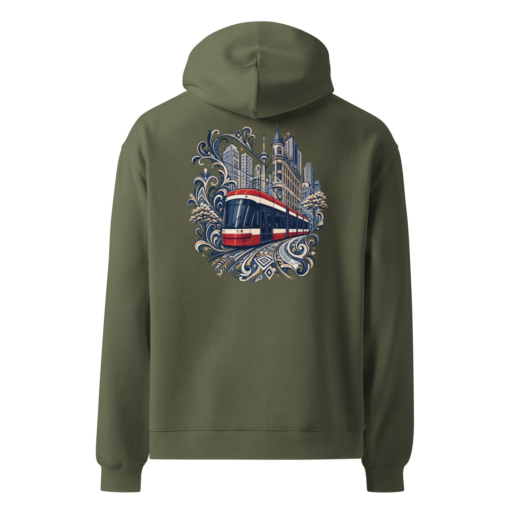 Olive oversized hoodie with hood and large back skyline graphic with ornate accents.