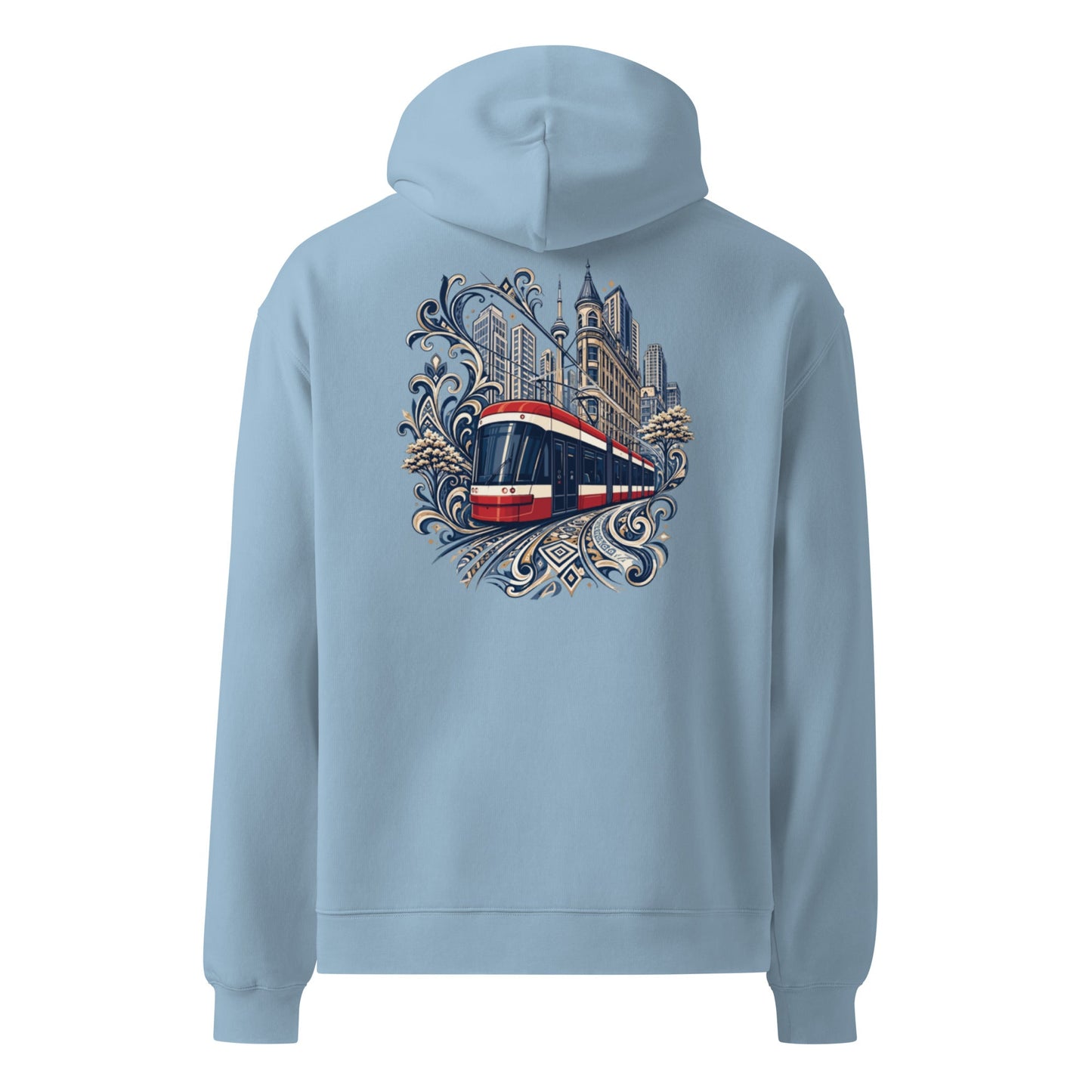 Oversized light blue hoodie with front pocket and train-and-castle skyline graphic on back