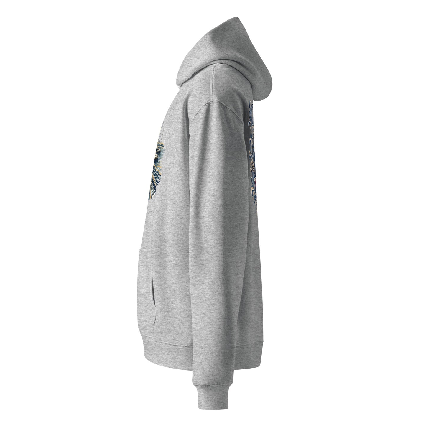 Oversized light gray heather hoodie, side view with sleeve graphic and front pocket