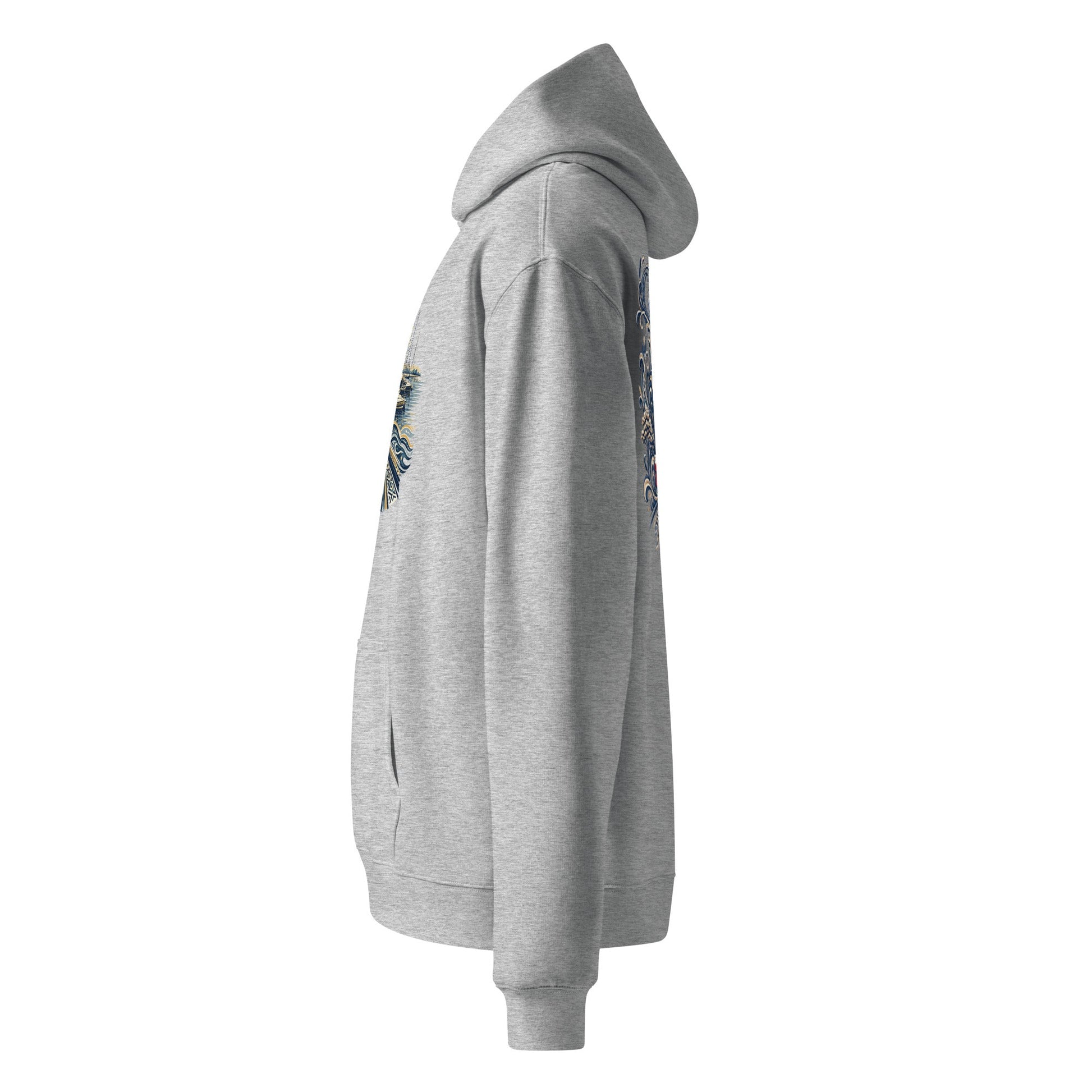 Oversized light gray heather hoodie, side view with sleeve graphic and front pocket