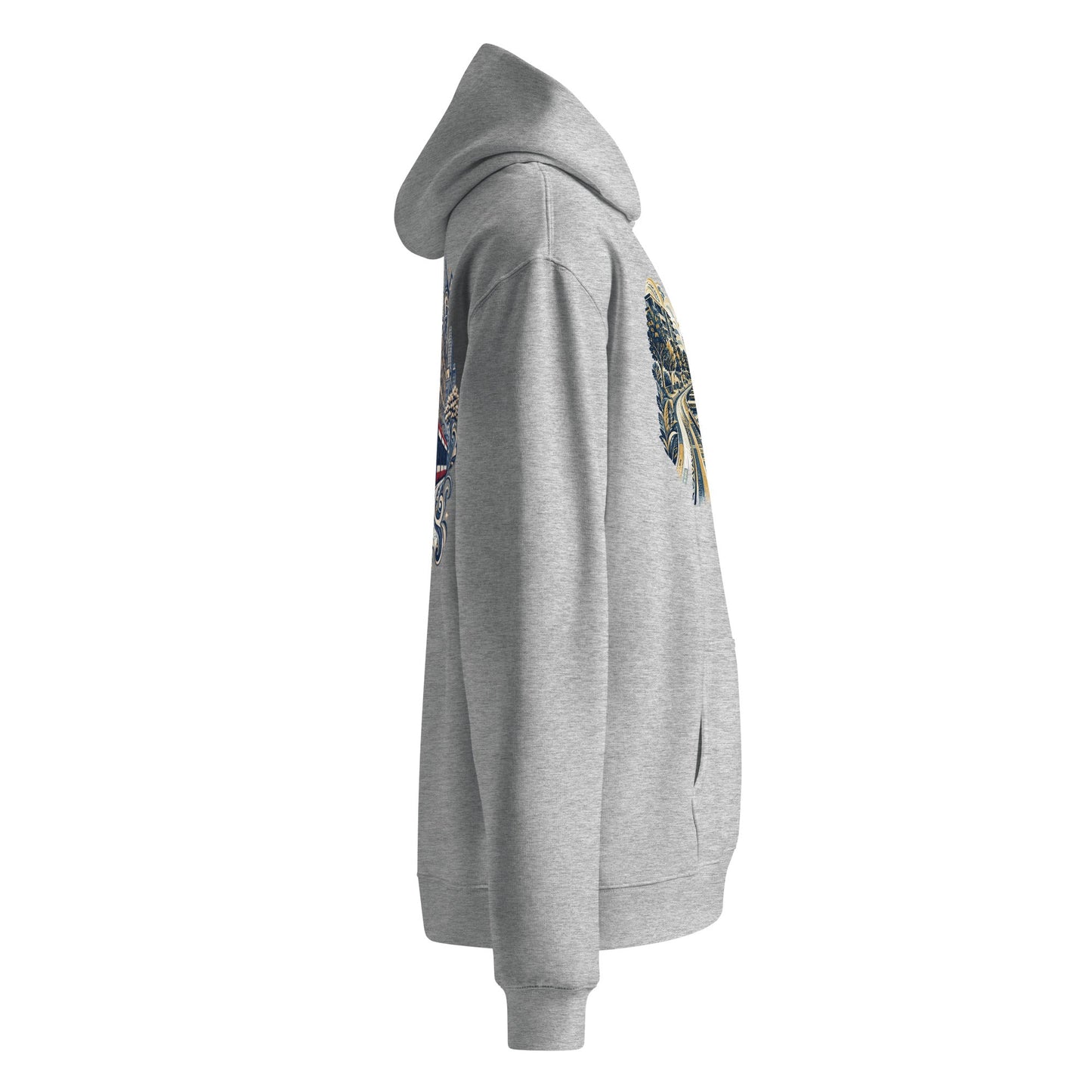 Oversized light gray heather hoodie, side view with partial sleeve graphic and front pocket