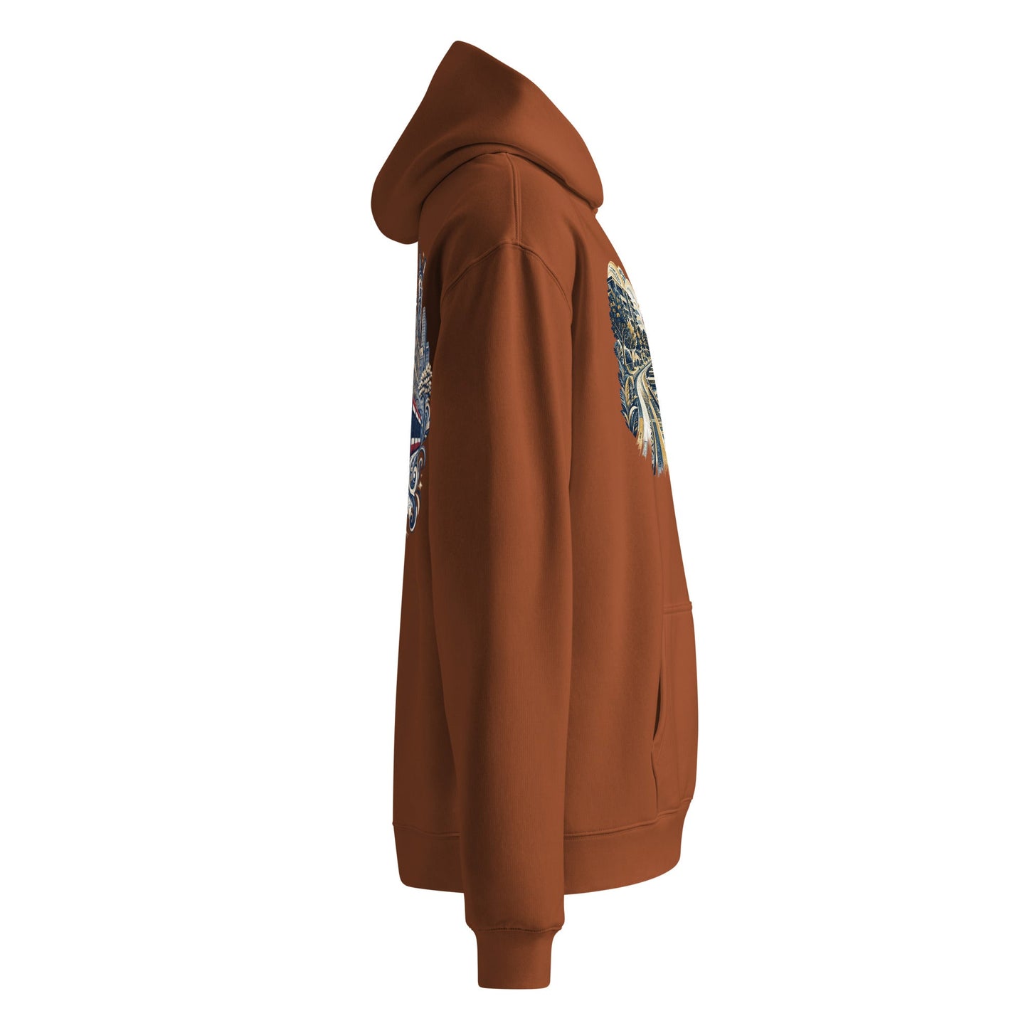 Clay brown oversized hoodie with hood and sleeve pyramid graphic detail, side view.